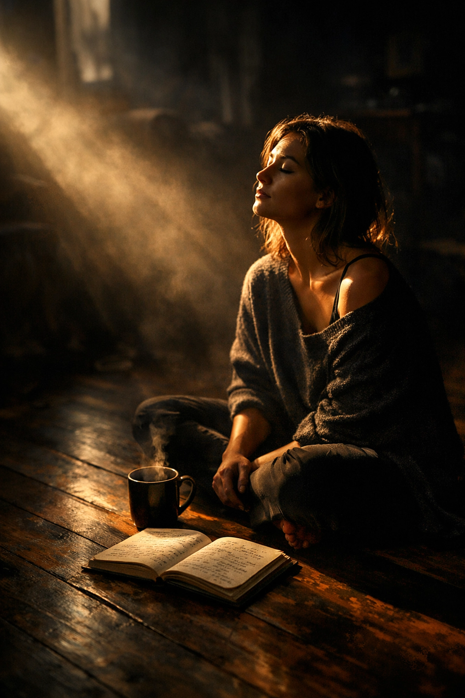 A woman reflecting and journaling in a beam of light, representing the emotional journey of overcoming adversity.