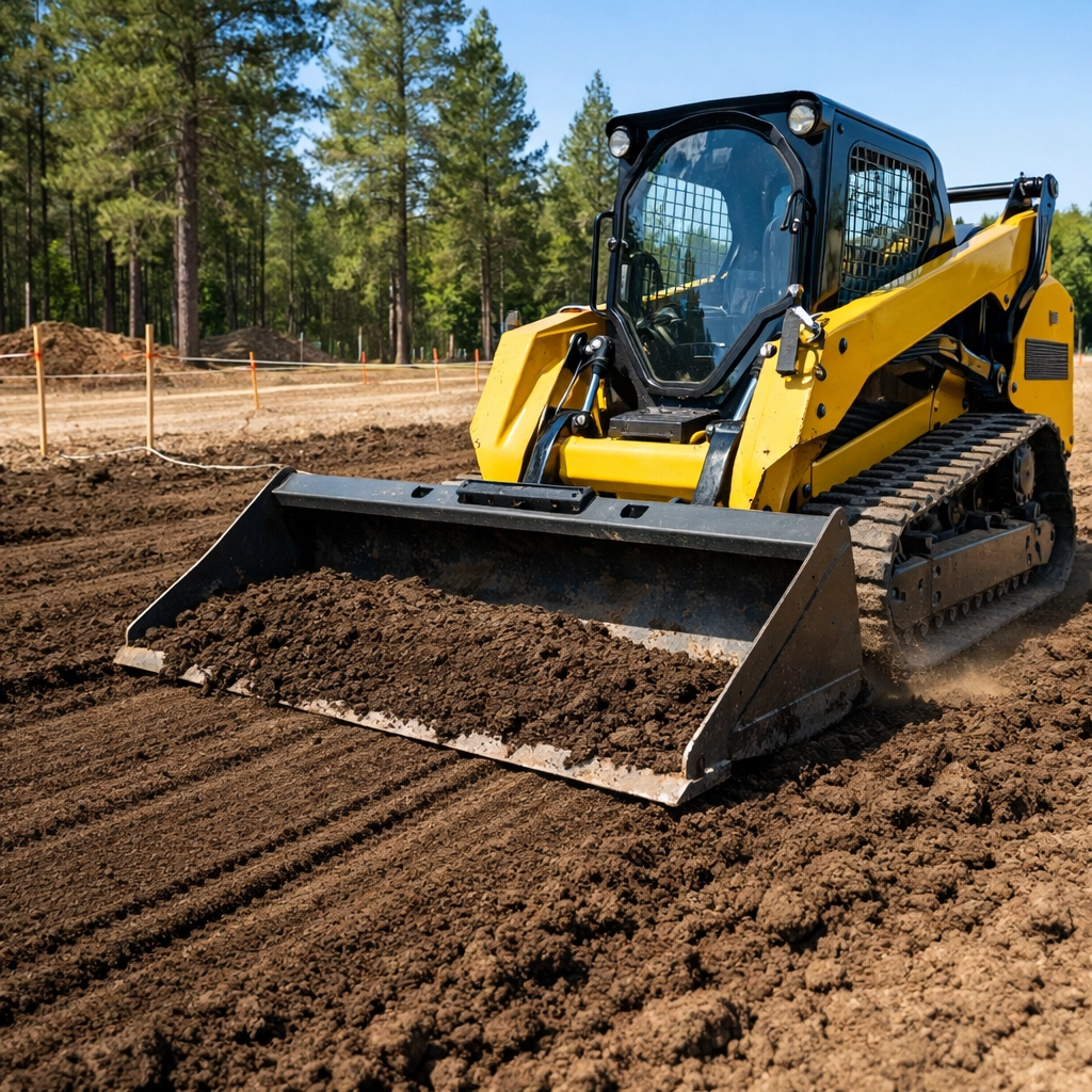 Professional excavation and hauling equipment performing precise lot grading for site preparation.