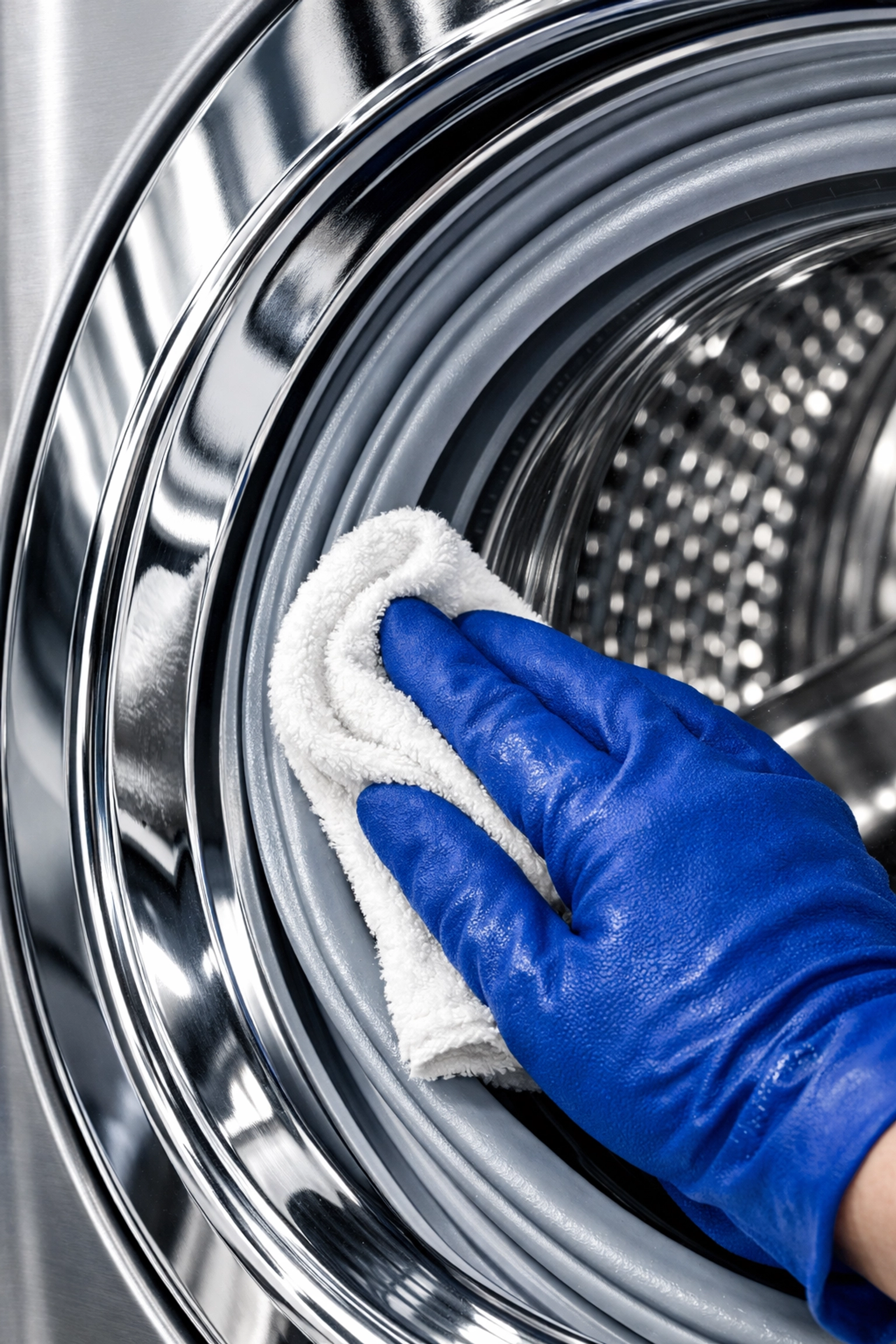 Cleaning a front-load washing machine rubber gasket with a microfiber cloth to remove buildup.