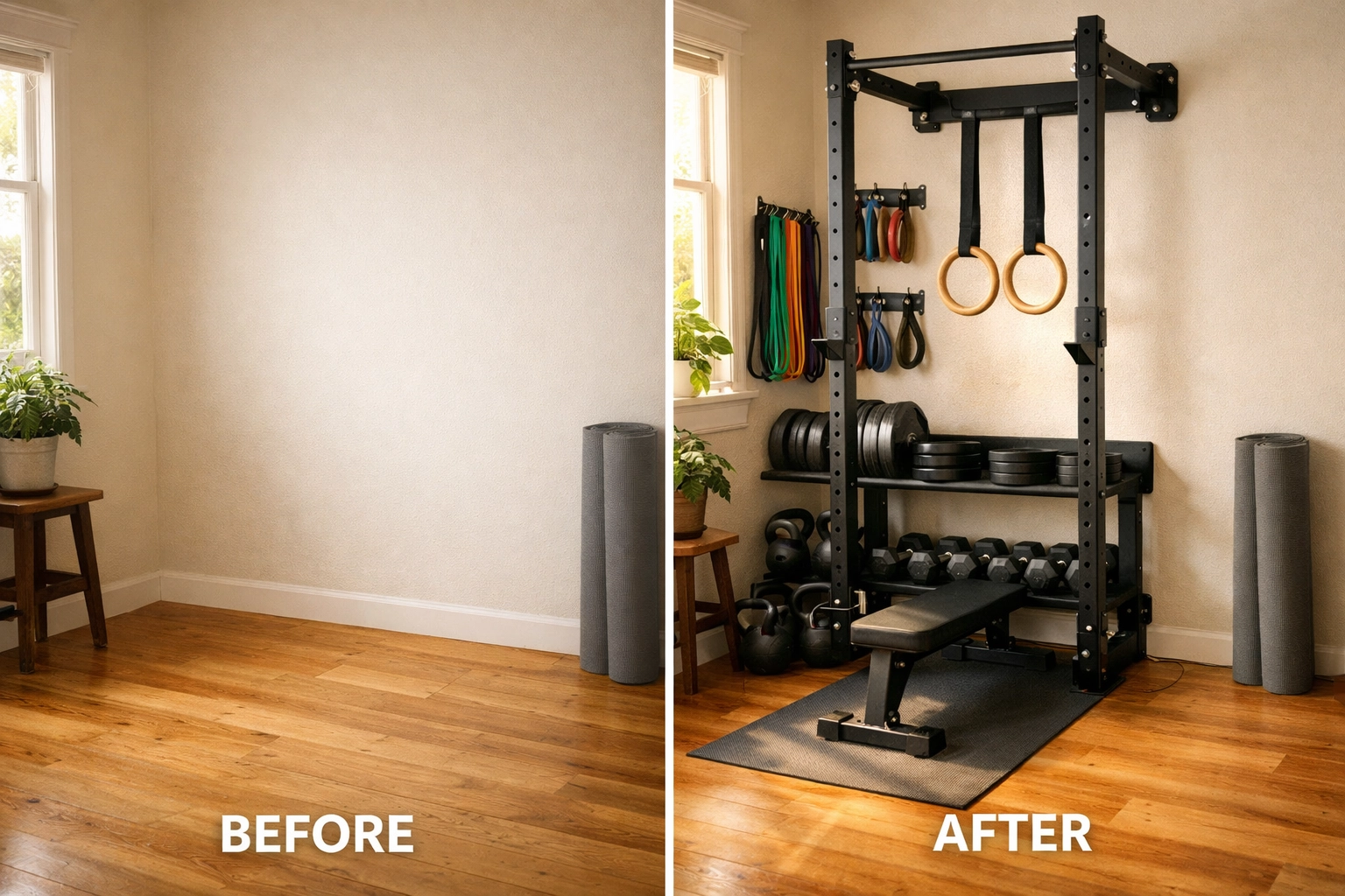 Compact versatile home gym setup with floor-to-ceiling system and organized equipment