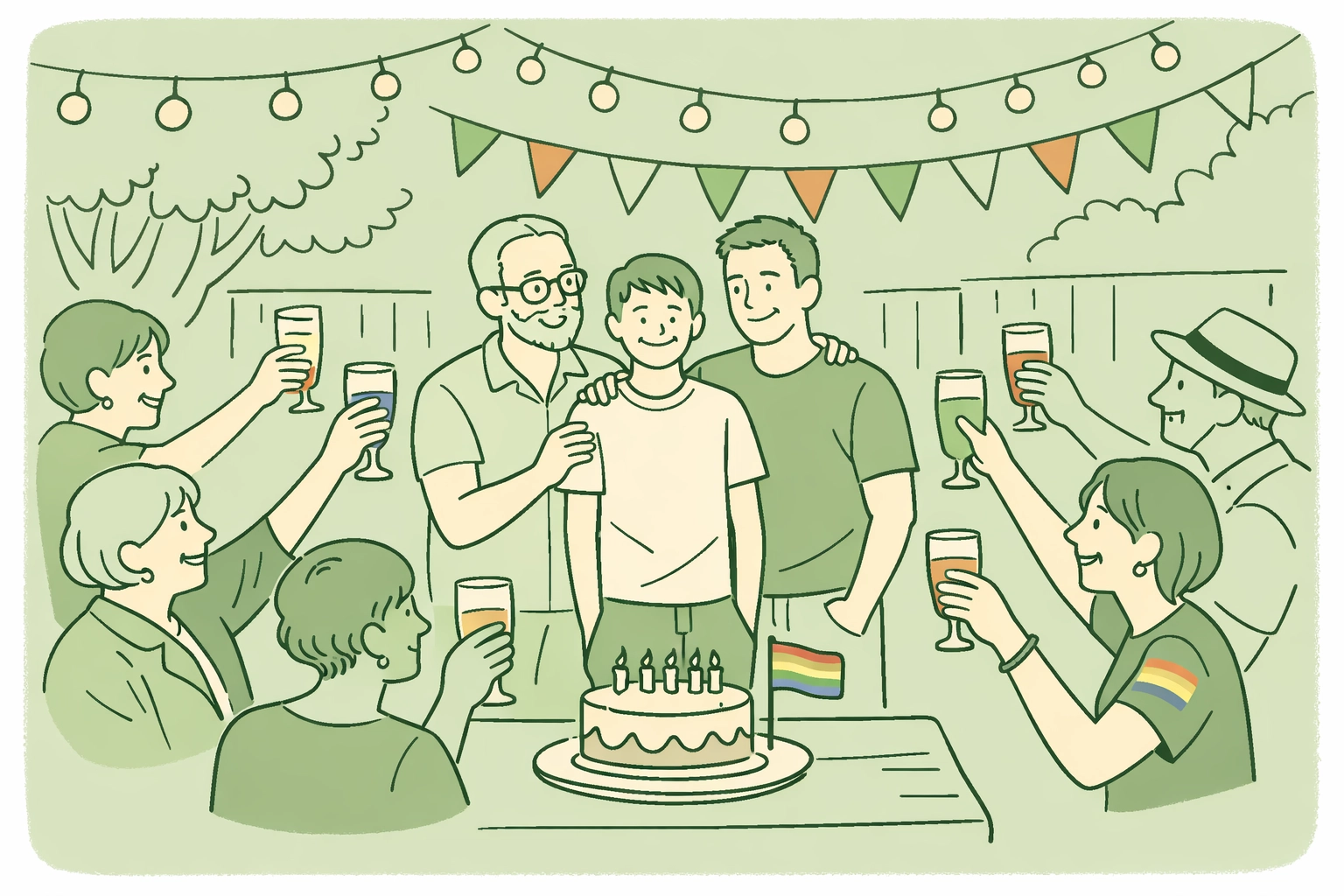 Coming out celebration party with LGBTQ family, friends, and cake