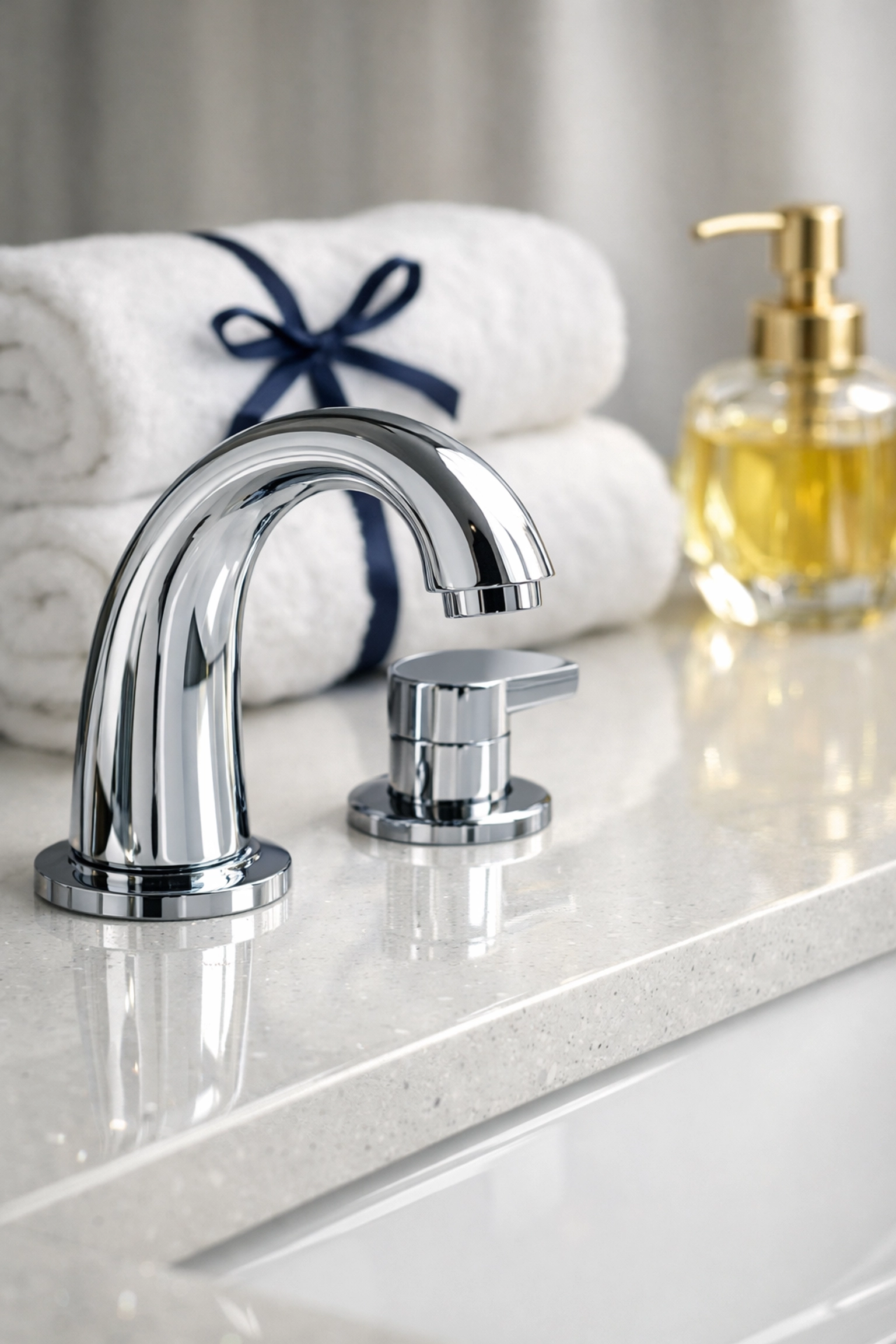 Sparkling chrome fixtures and quartz countertops cleaned with expert attention to detail by The Cleaning Ninjas.