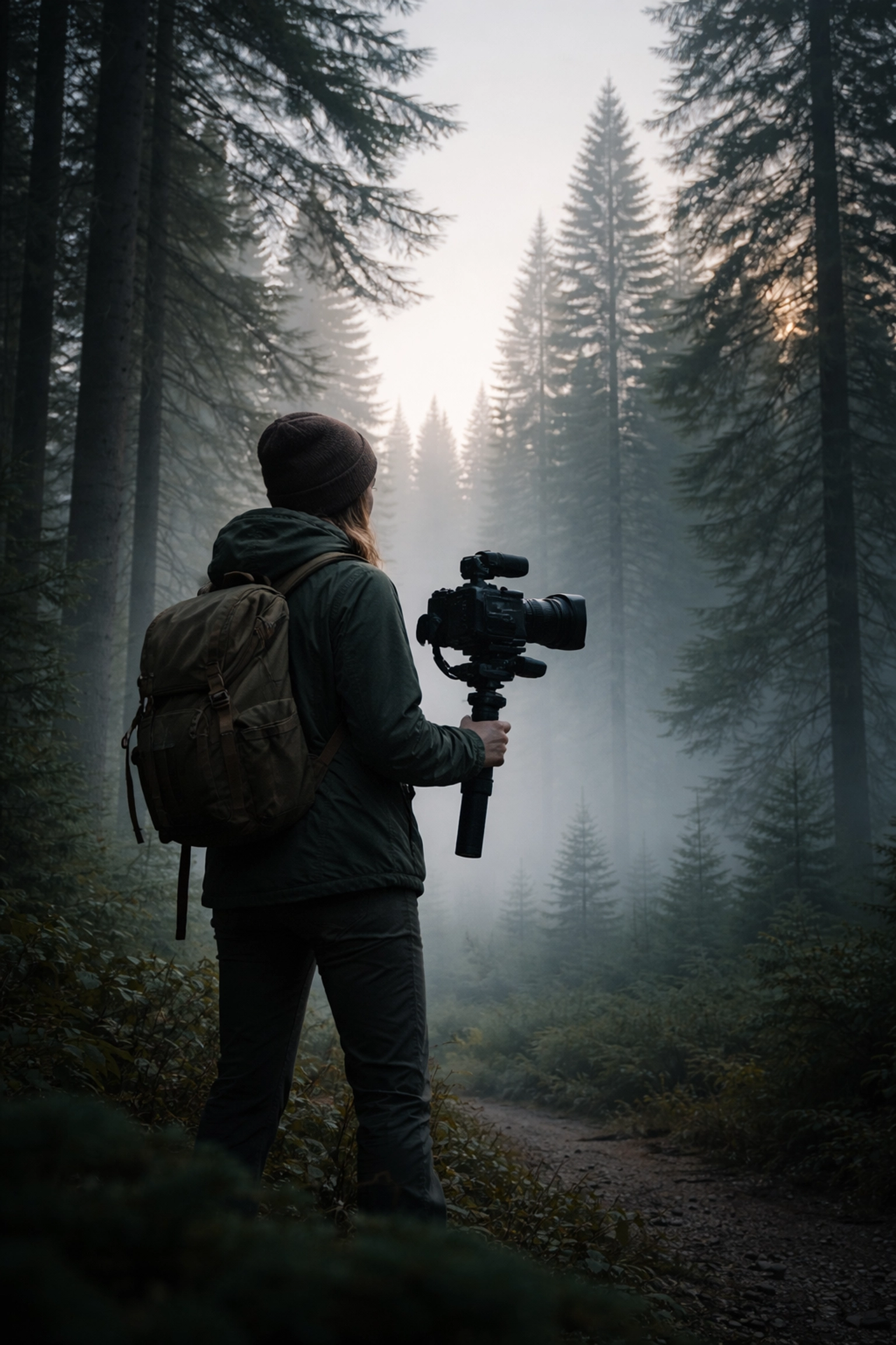 Female videographer captures Oregon wedding amidst misty pine forest at dawn, highlighting cinematic Pacific Northwest scenery.