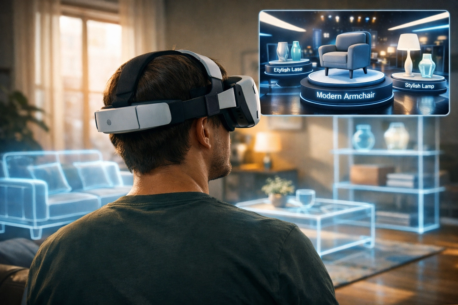 Customer using VR headset with AR overlay to visualize furniture products in home environment