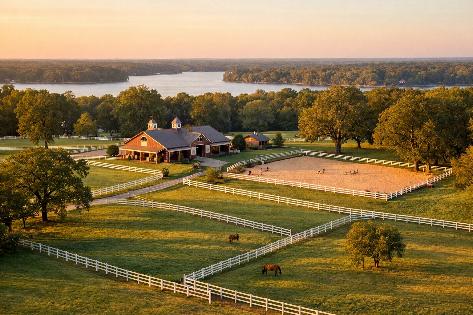 Aerial view of horse farm for sale in Davidson NC with pastures, barn, and riding arena