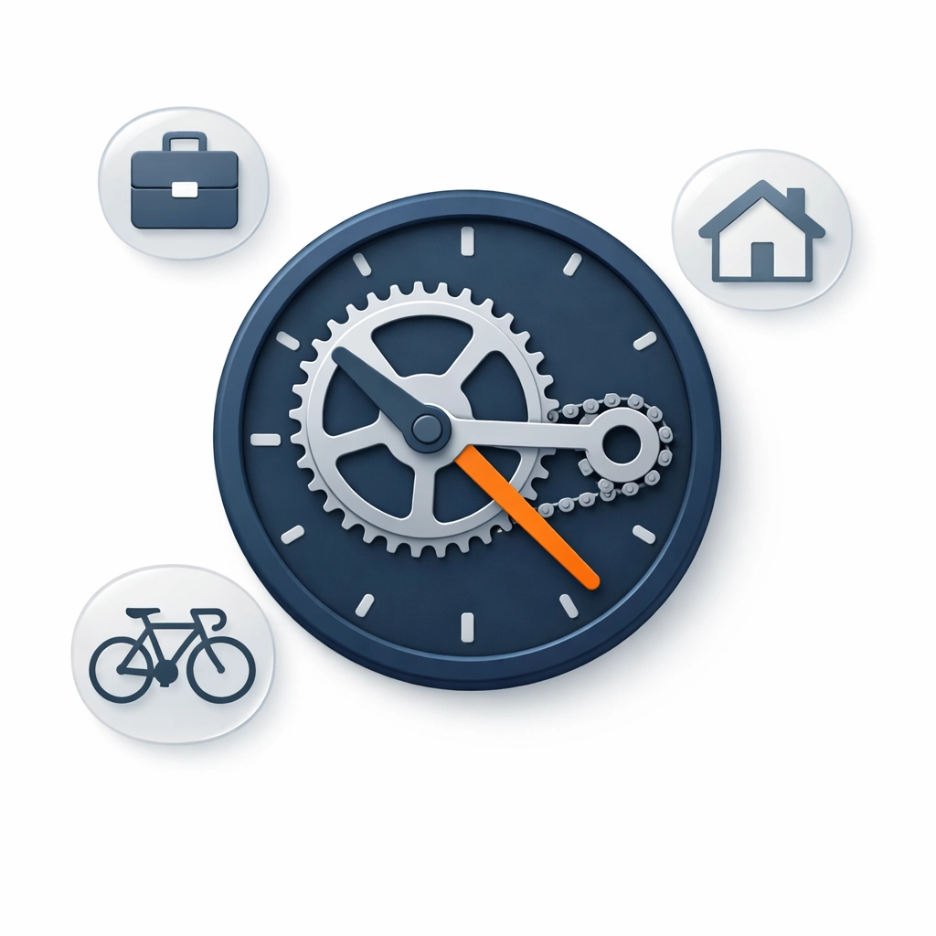 A clock with bicycle gears showing how to balance a cycling workout plan with work and home life.