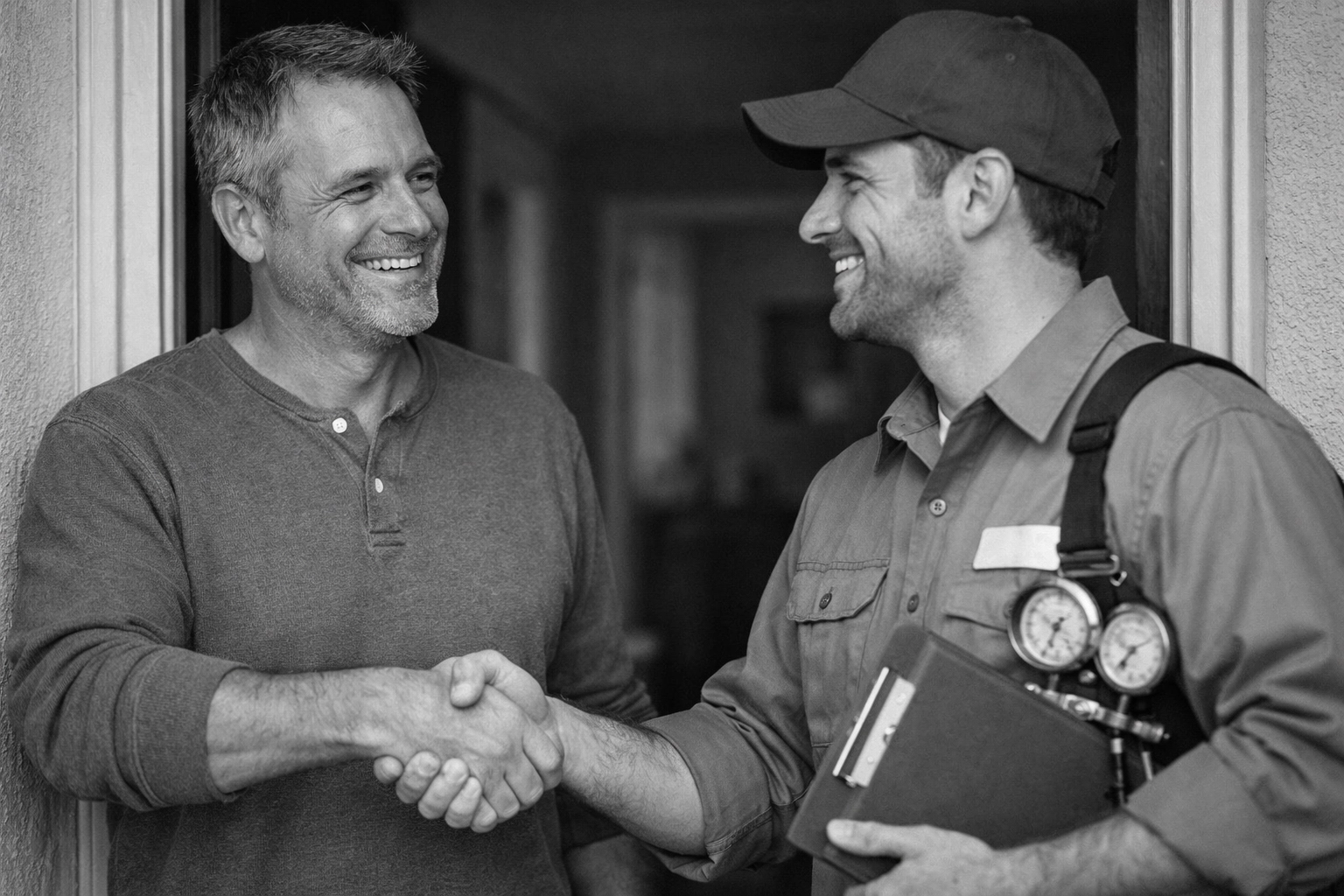 HVAC technician and satisfied homeowner handshake after completed AC repair service