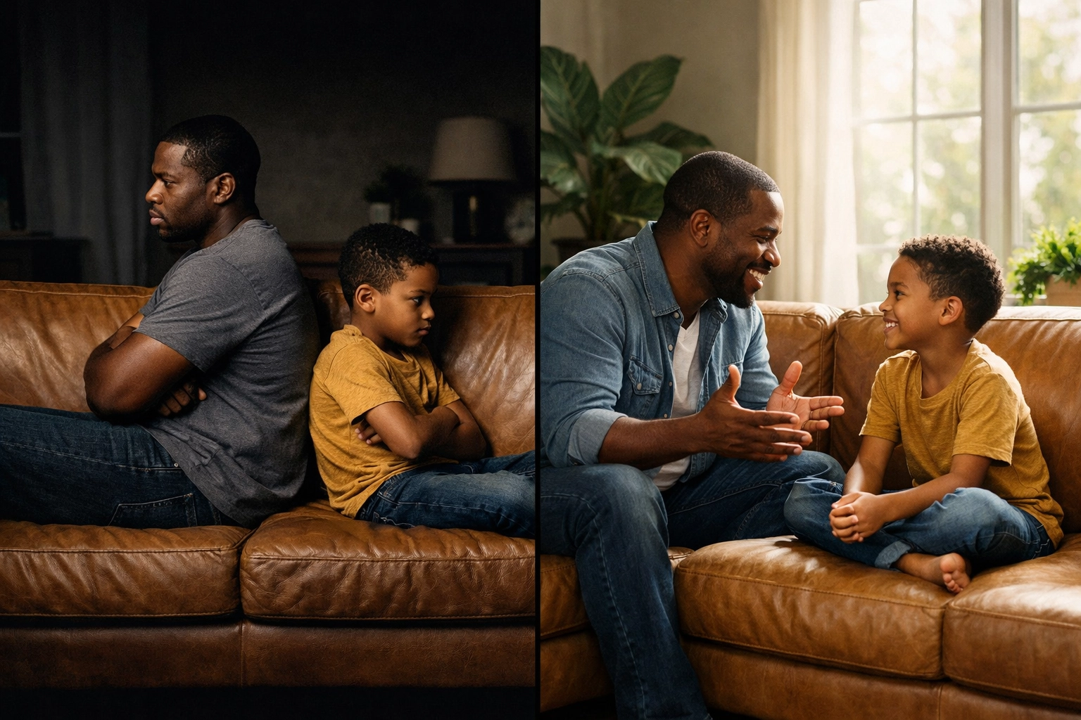 Black father and son showing emotional distance versus connection through mental health support