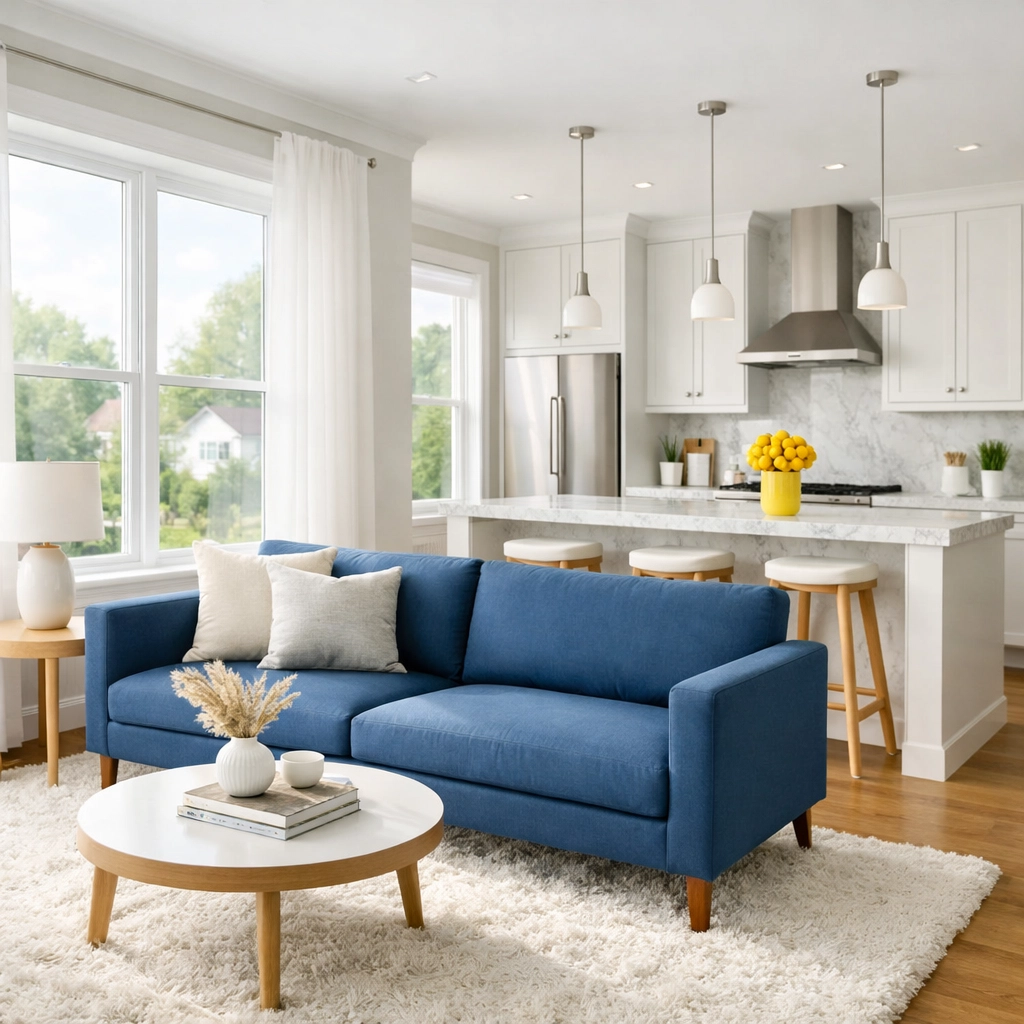 Spotless modern living room and kitchen showing high-end apartment cleaning in Bedford for residents.
