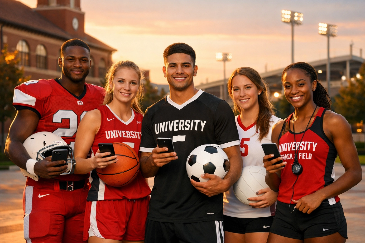 Diverse college athletes from multiple sports holding smartphones for NIL social media engagement