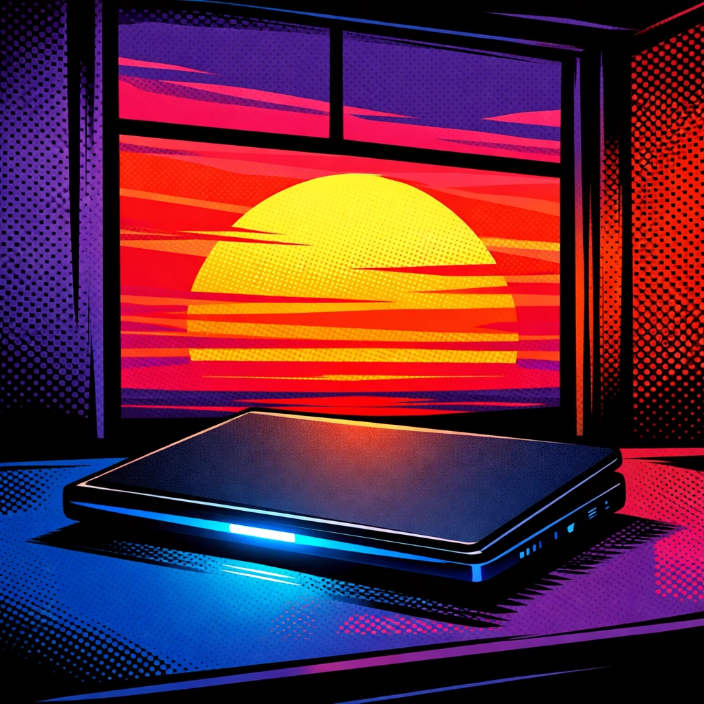 A closed laptop at sunset representing completed workflow automation for small business tasks.