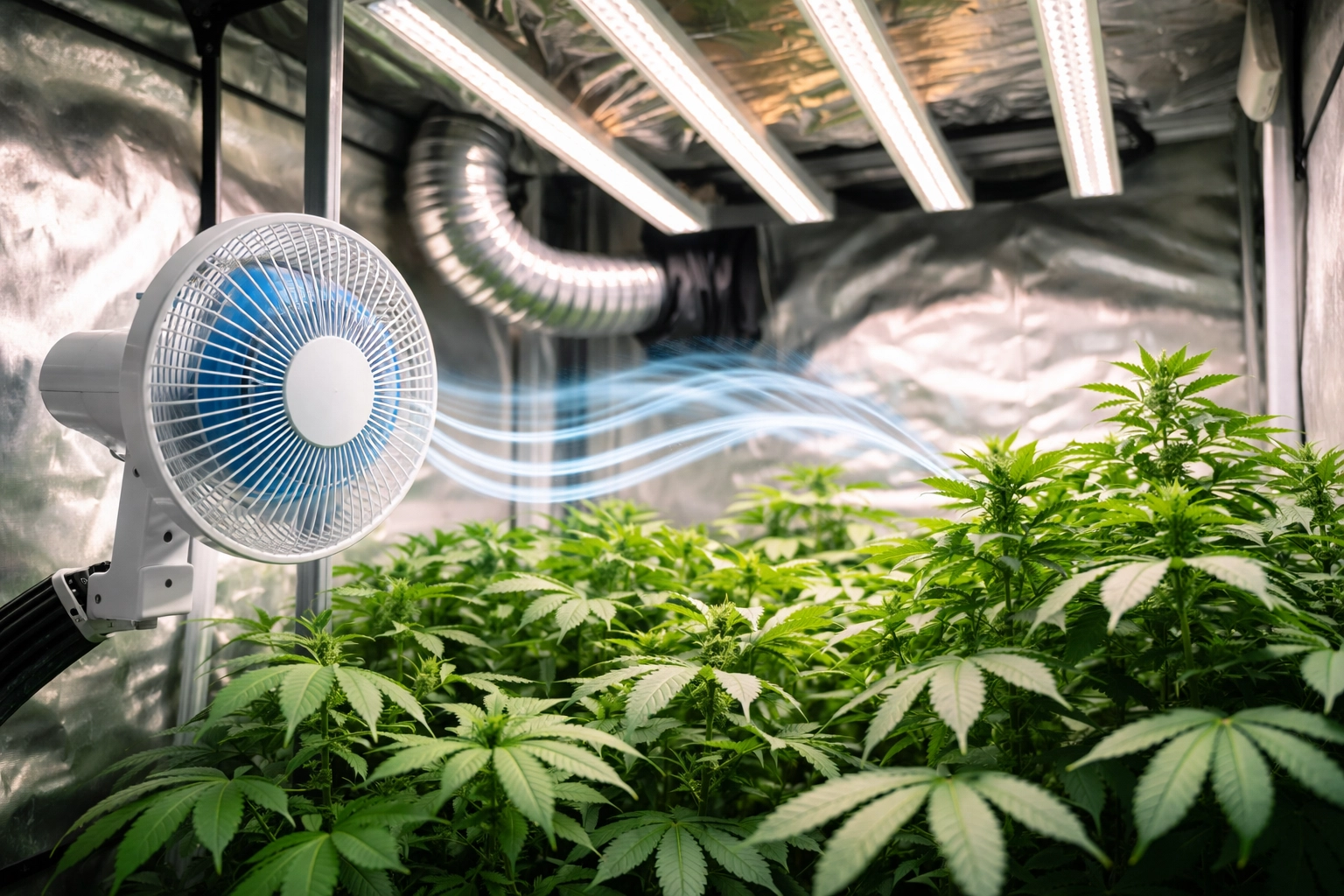 Indoor grow tent with oscillating fans and LED grow lights managing heat for healthy plant growth