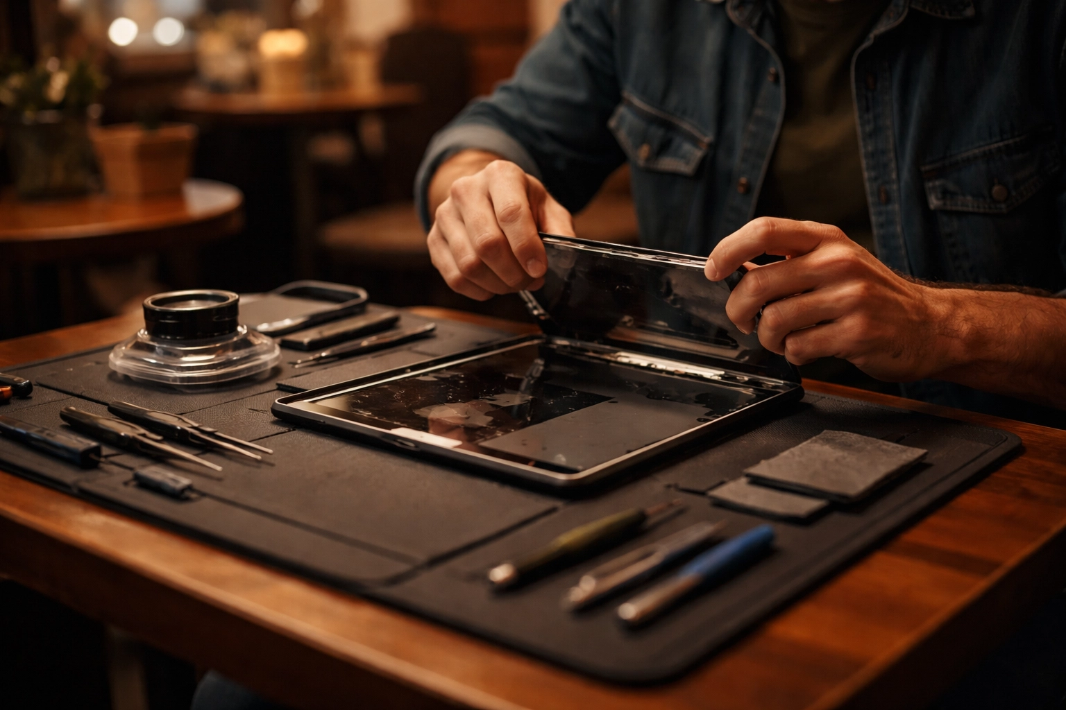 Technician expertly repairs an iPad screen at a Brooklyn coffee shop table, showcasing mobile repair options.