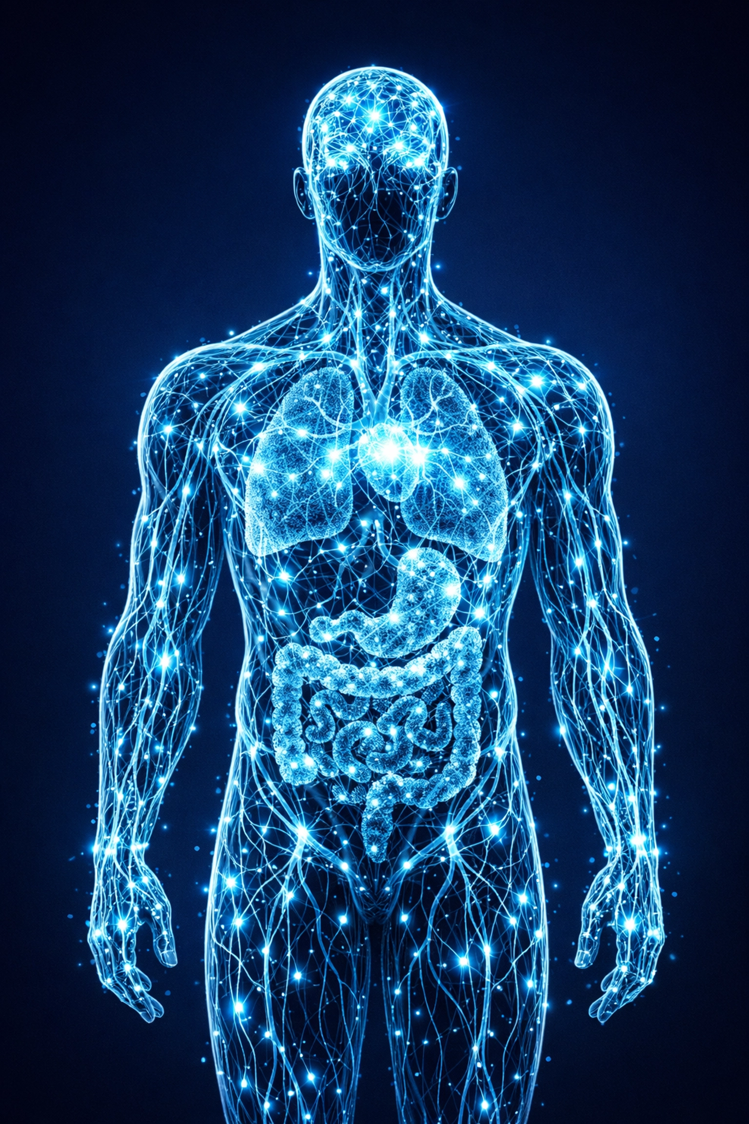 Illustration of human cellular networks representing systemic regeneration through advanced peptide protocols.