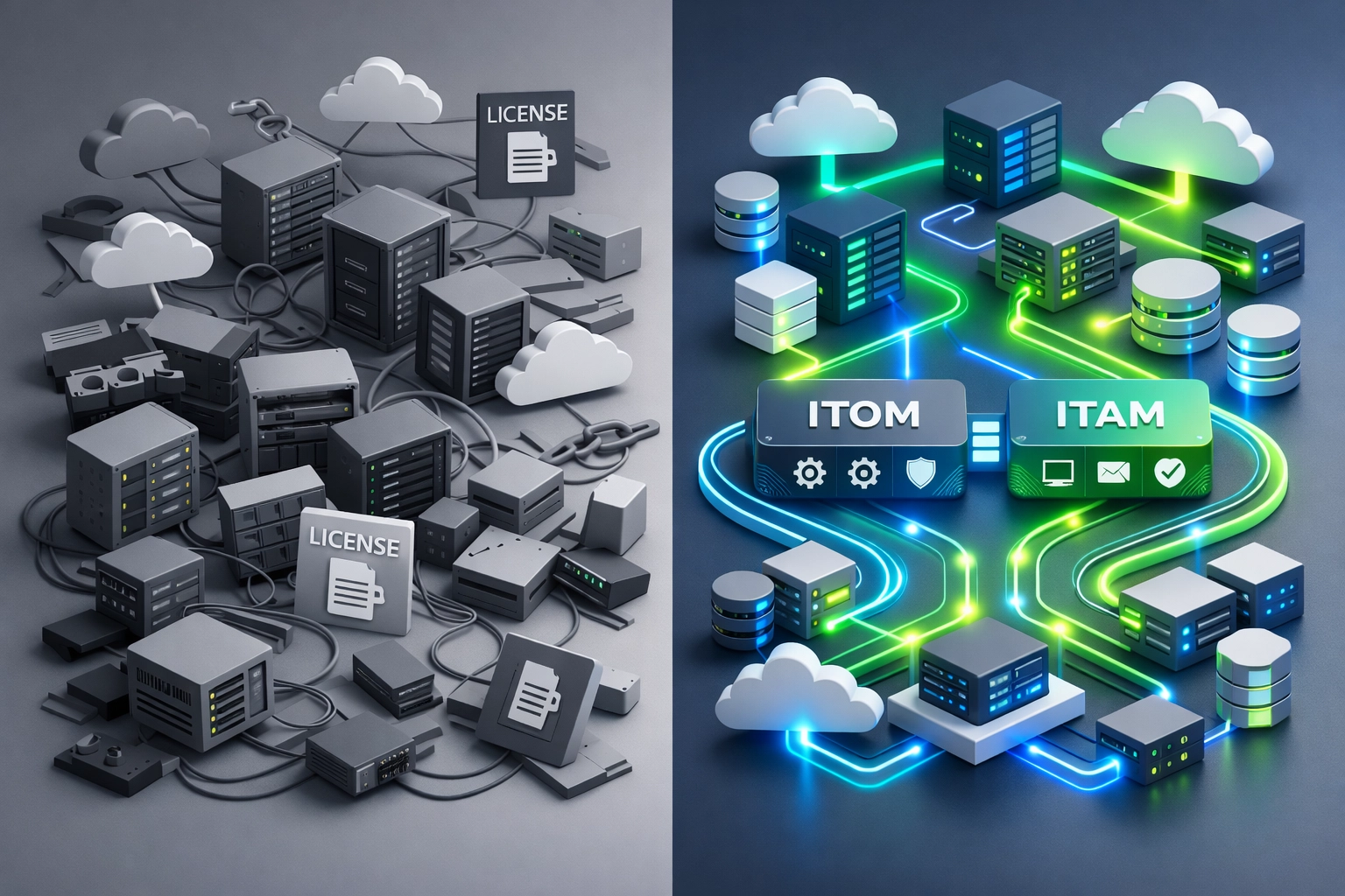 Comparison of siloed versus integrated ServiceNow ITOM and ITAM infrastructure showing unified asset management