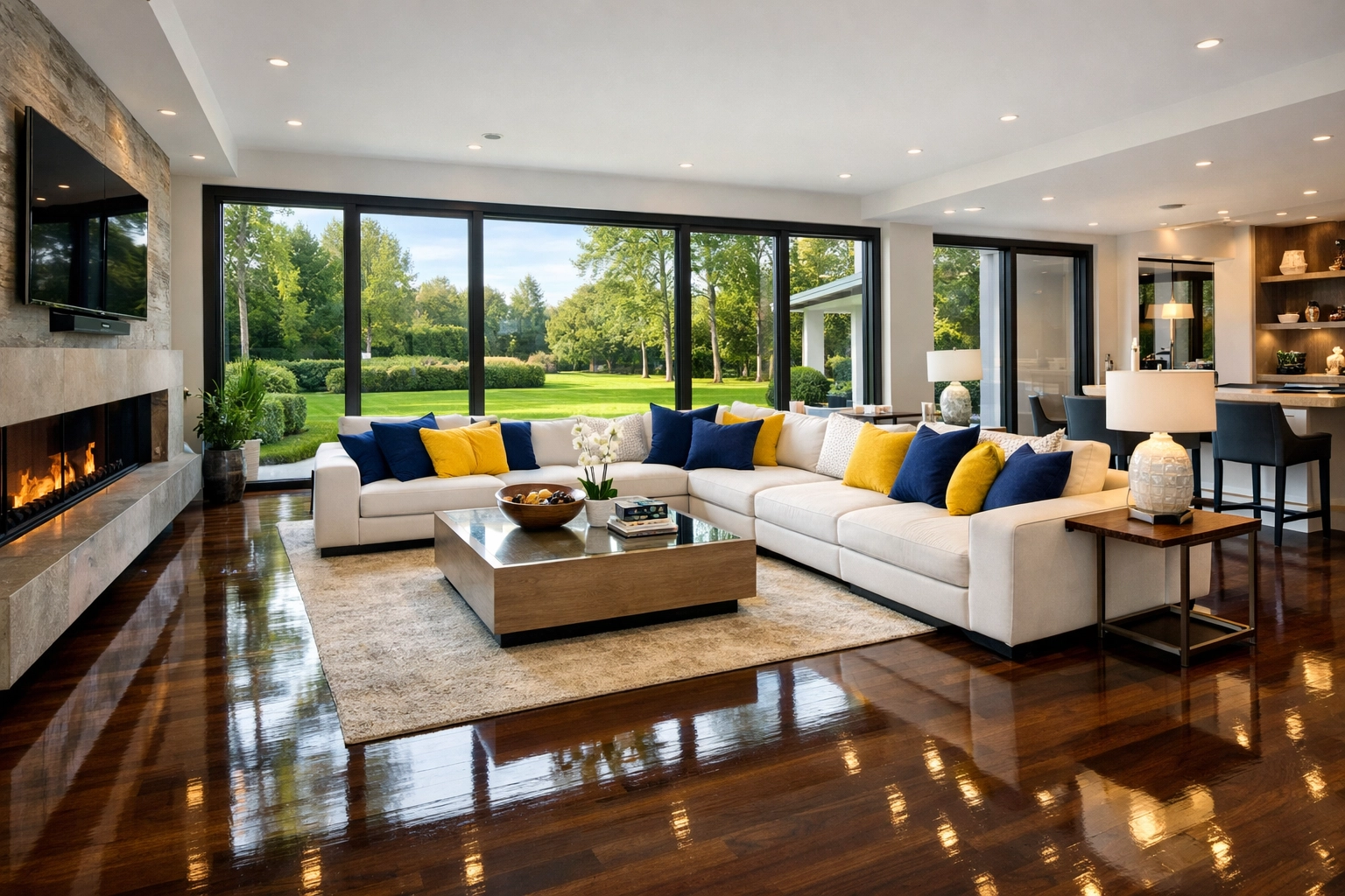 Immaculate luxury living room in Dover featuring polished floors from professional residential cleaning Massachusetts services.