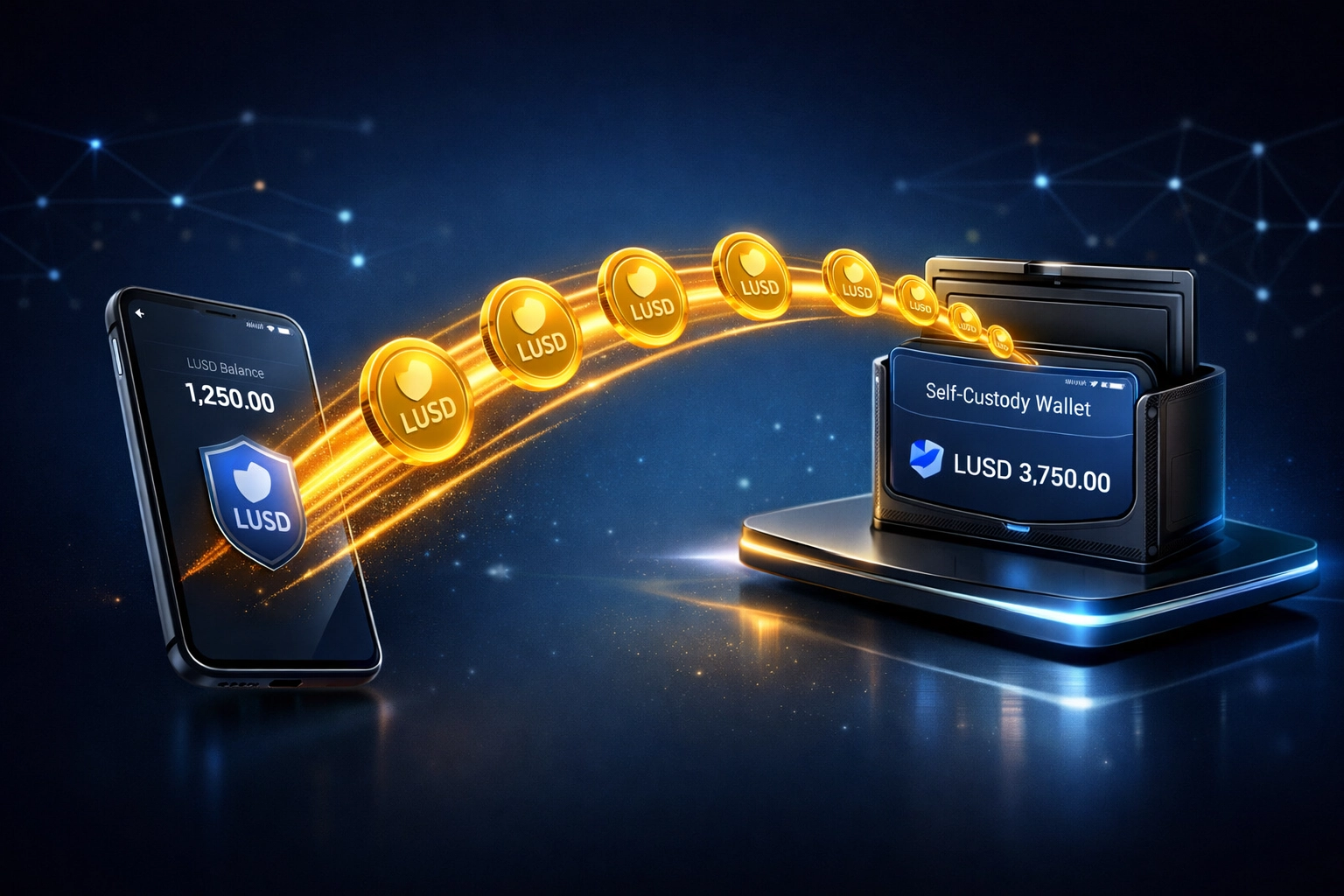 LUSD stablecoin tokens transferring directly to merchant self-custody wallet with instant settlement