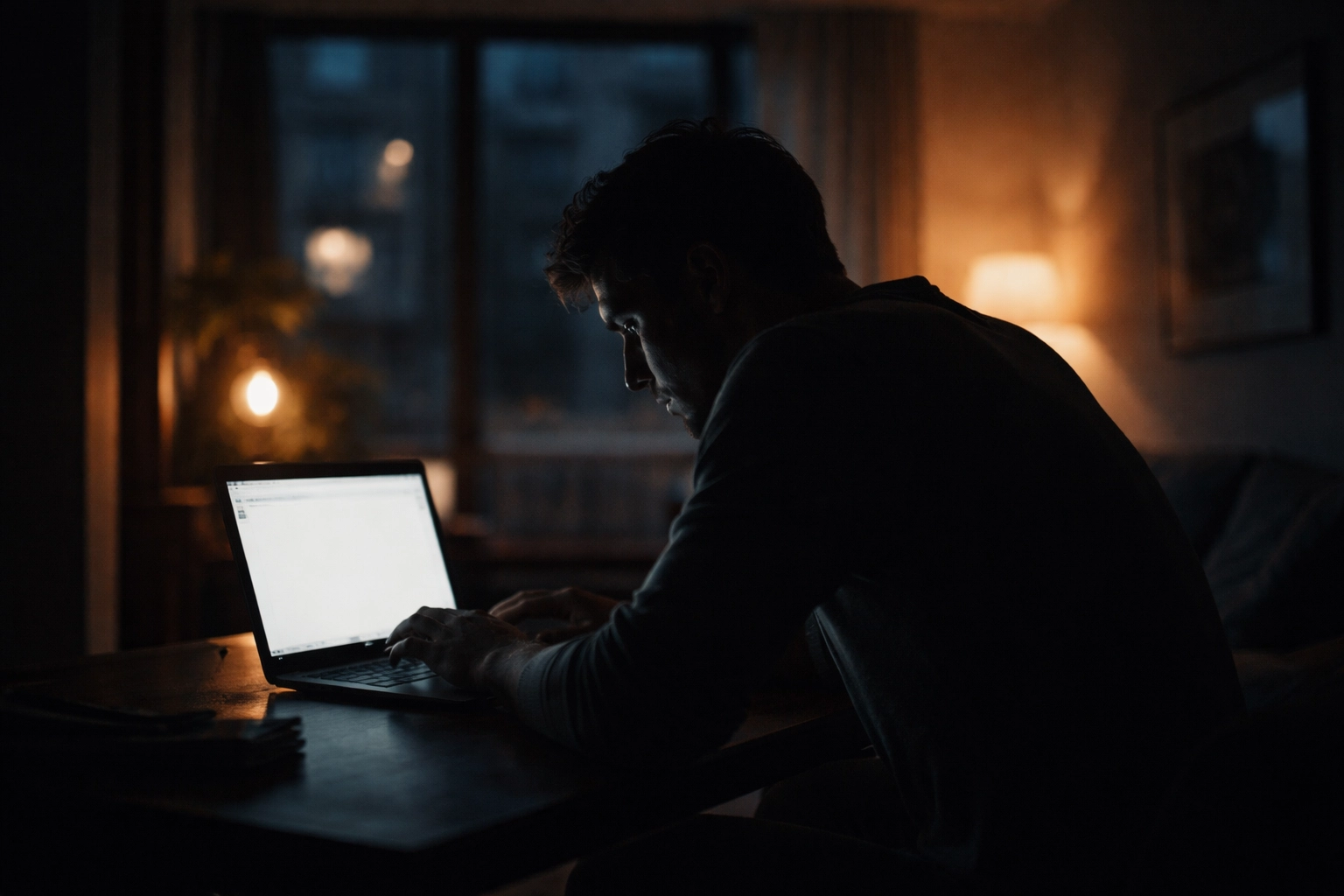 Fiatal férfi sziluettje dolgozik éjszaka a számítógépnél, digitális túlterheltség és intimitáshiány érzékeltetésére.