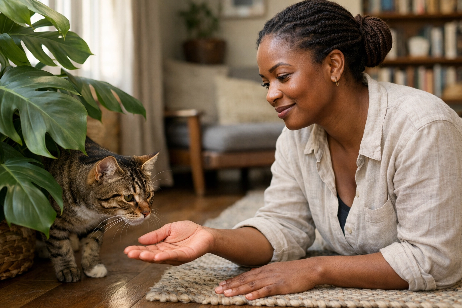 Professional cat sitter in Oakland providing personalized in-home care for a curious tabby cat.