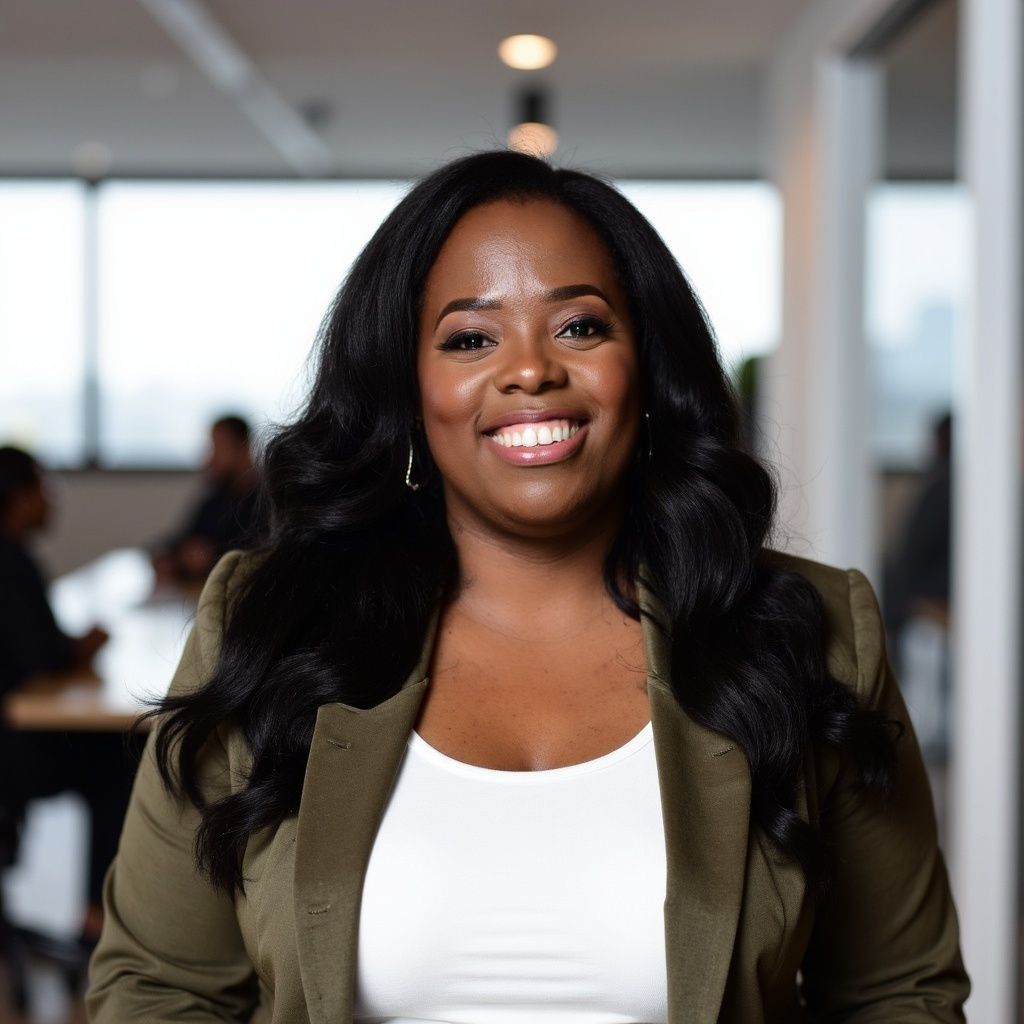 A confident business professional stands in a modern office with a bright, welcoming smile, dressed in a blazer and white top.