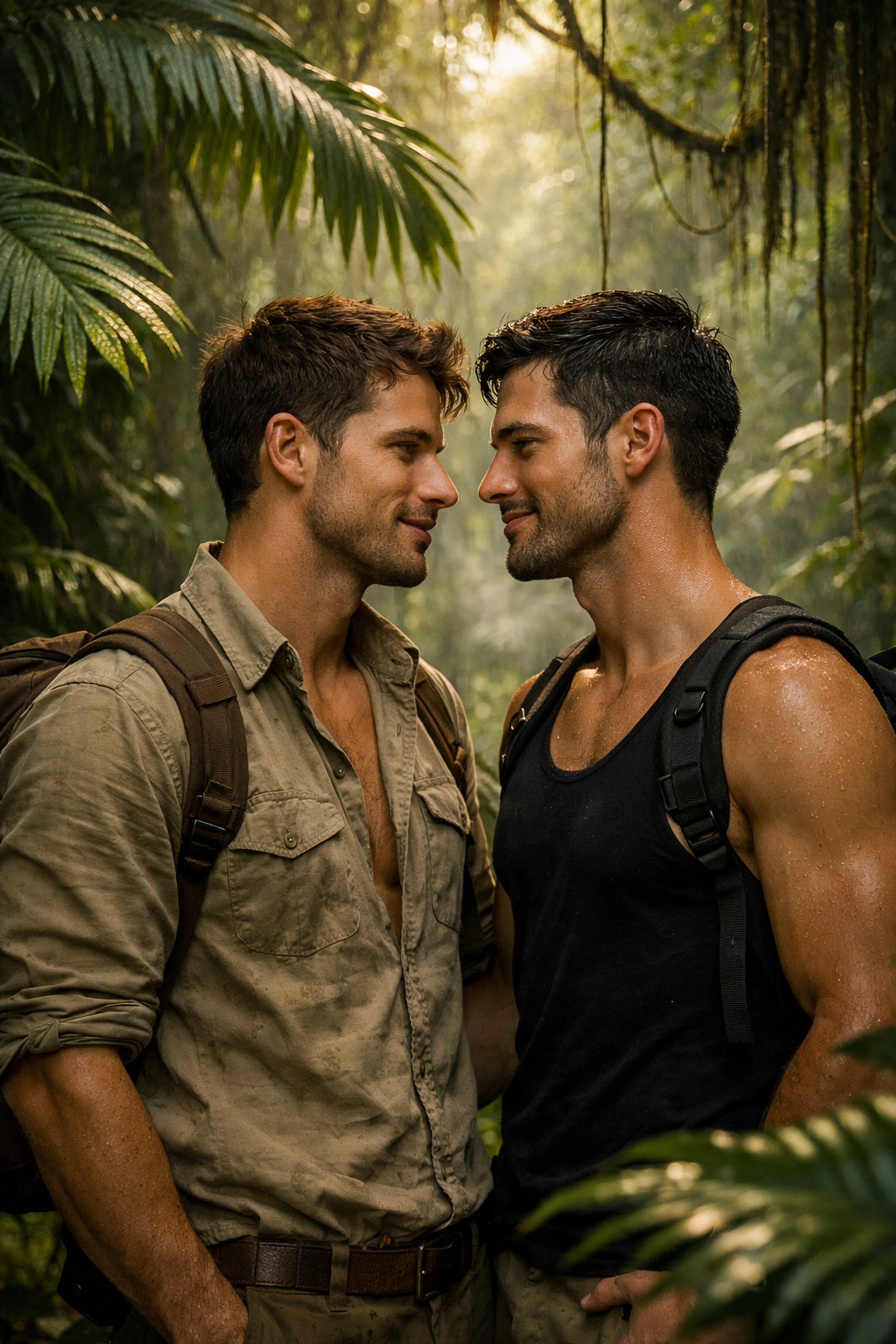 Two men sharing romantic moment in lush Amazon rainforest setting - MM romance adventure