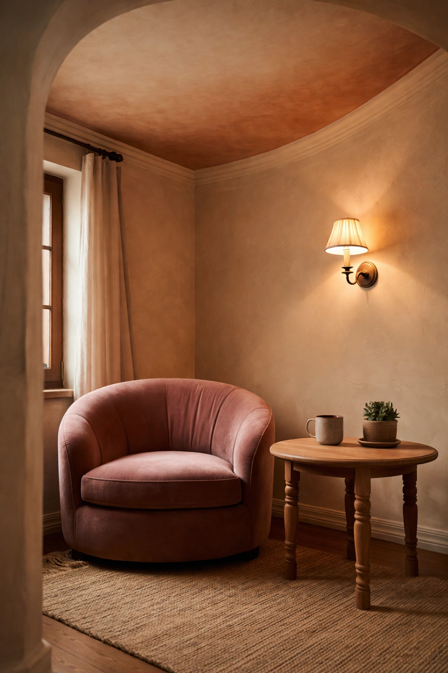 Curved velvet armchair and hand-turned side table beneath an ombre painted ceiling, showing creative color capping for home design