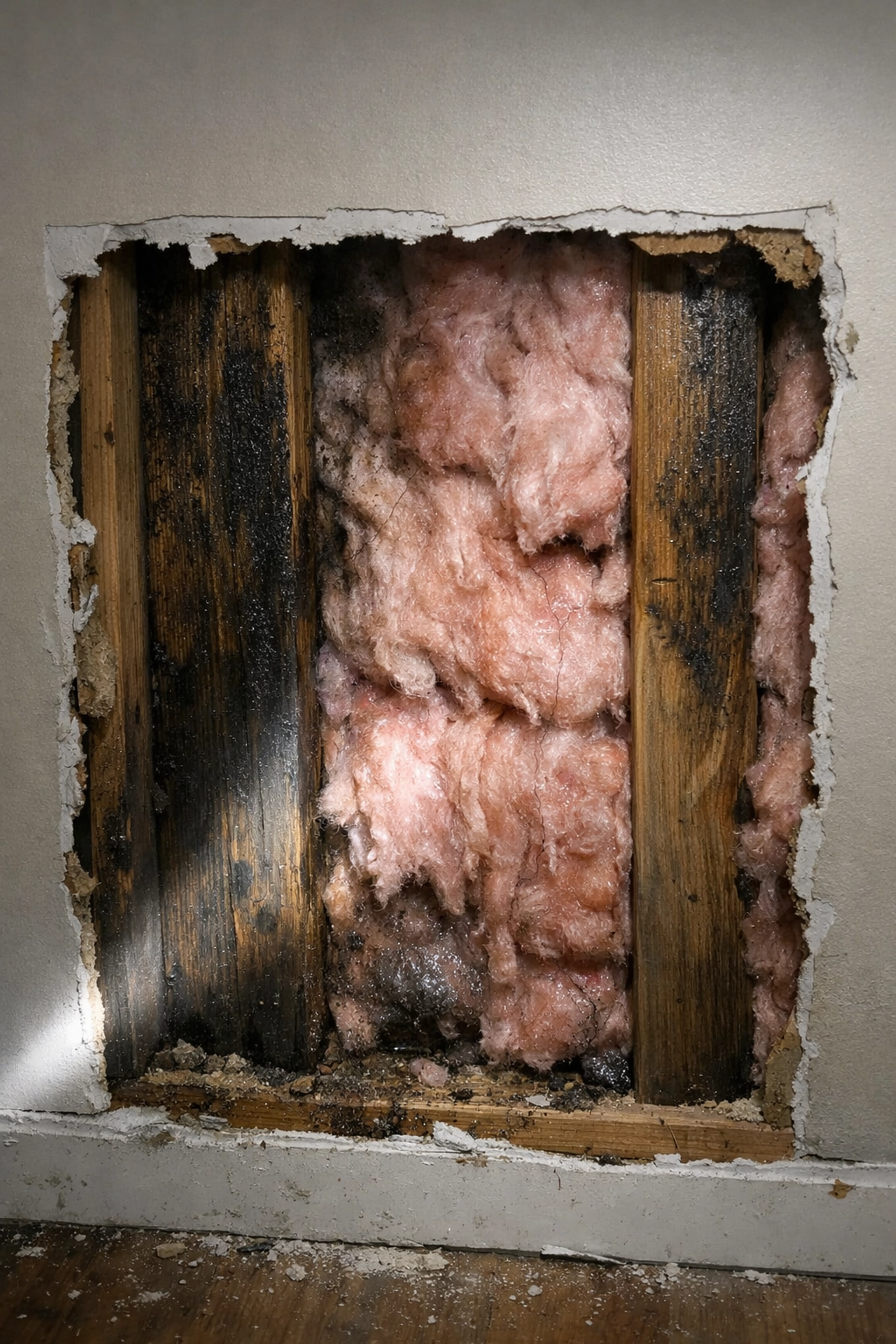 Exposed wall cavity with wet insulation and damp wooden studs from a persistent hidden water leak in a home.