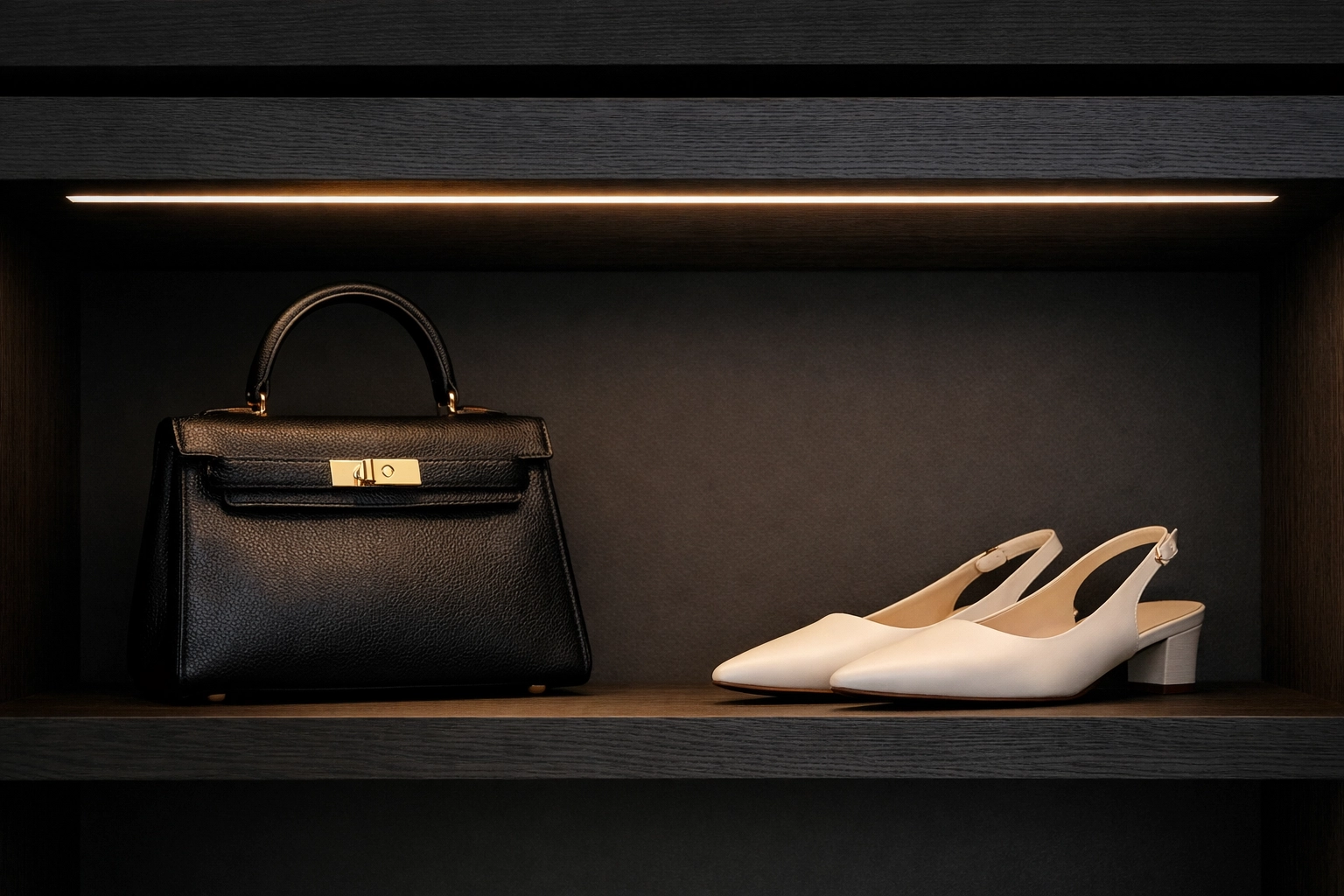Custom LED lighting recessed into a dark oak closet shelf illuminating a luxury handbag and shoes.