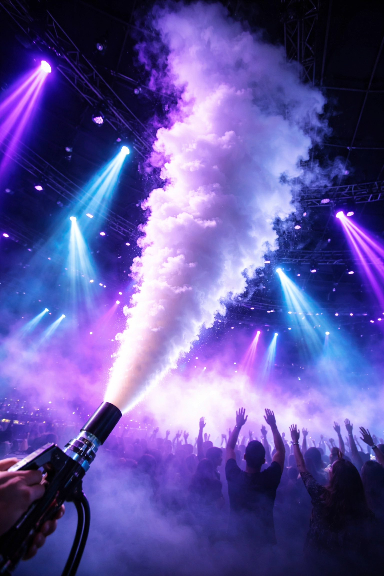 CO₂ LED cryo gun blasting 20-foot fog plume under vibrant LED lights at a high-energy brand activation event