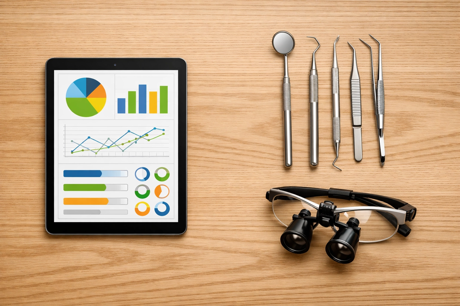 Dental instruments and digital dashboard showing efficient dental staffing management and practice compliance.