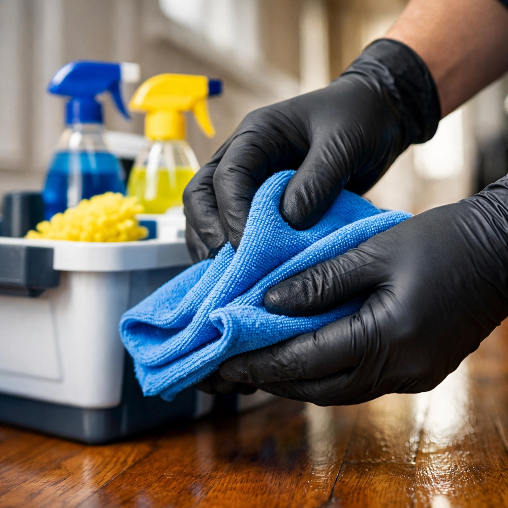 Detail-oriented maid services Lowell staff using high-quality supplies to clean a home.