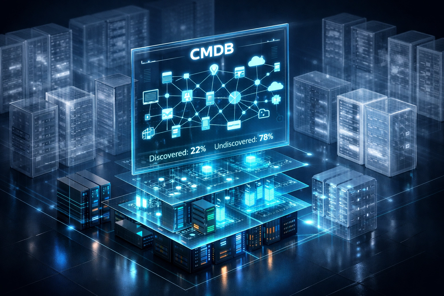 ServiceNow CMDB dashboard showing incomplete asset discovery with 78% of ICT infrastructure unmapped