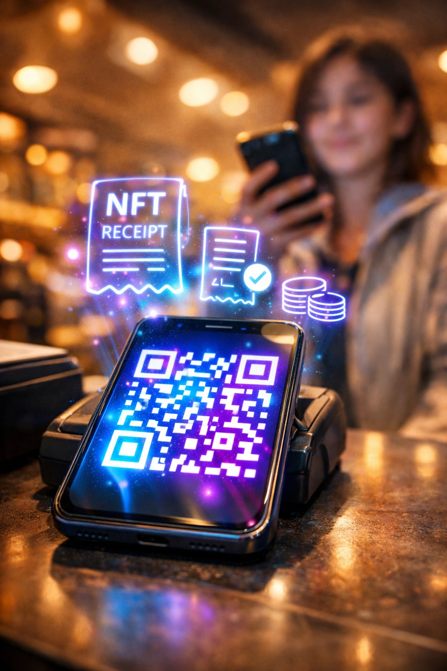 Customer scanning QR code for crypto payment at retail POS terminal using mobile wallet