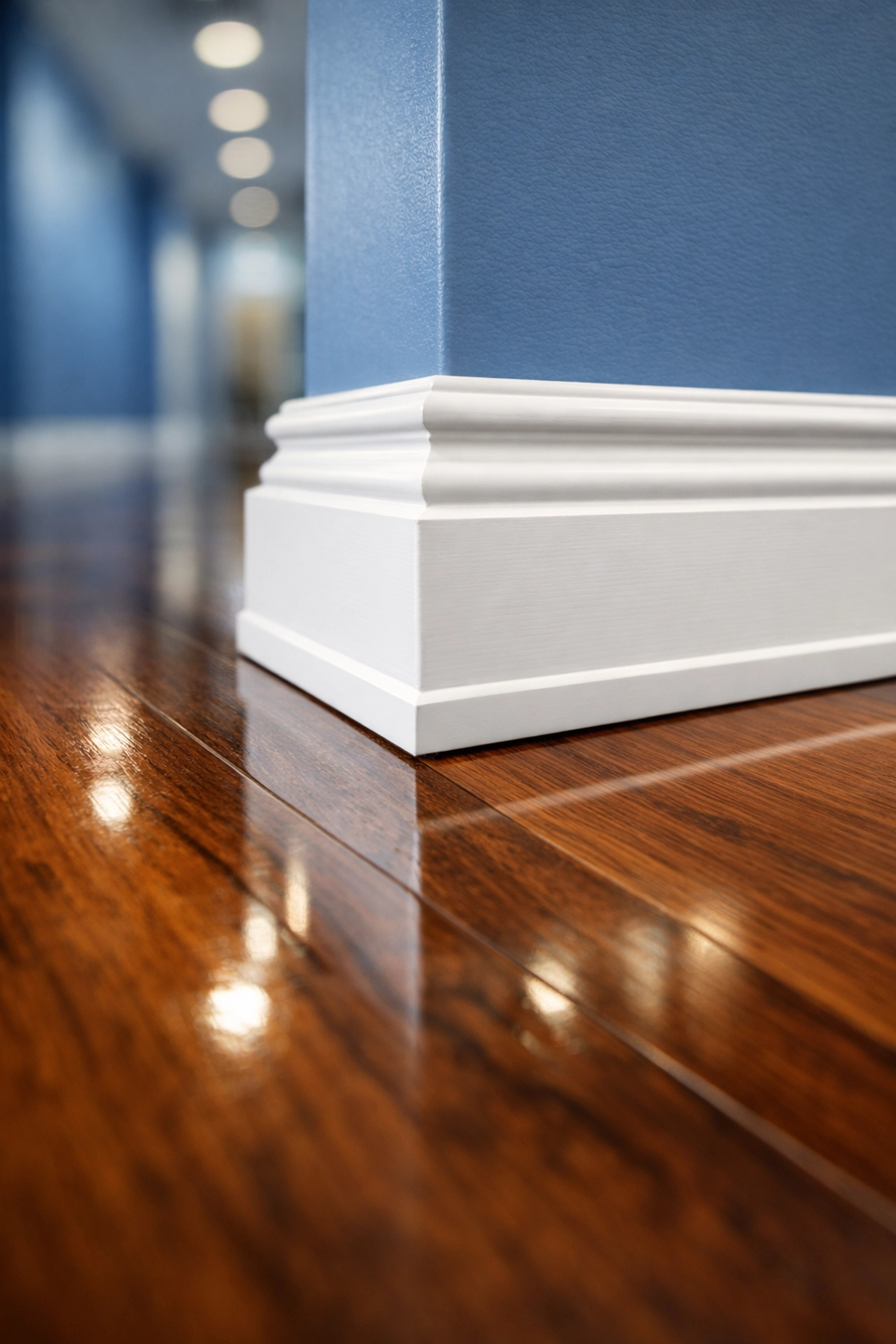 Close-up of polished hardwood floors and clean baseboards in a professional Walpole office.