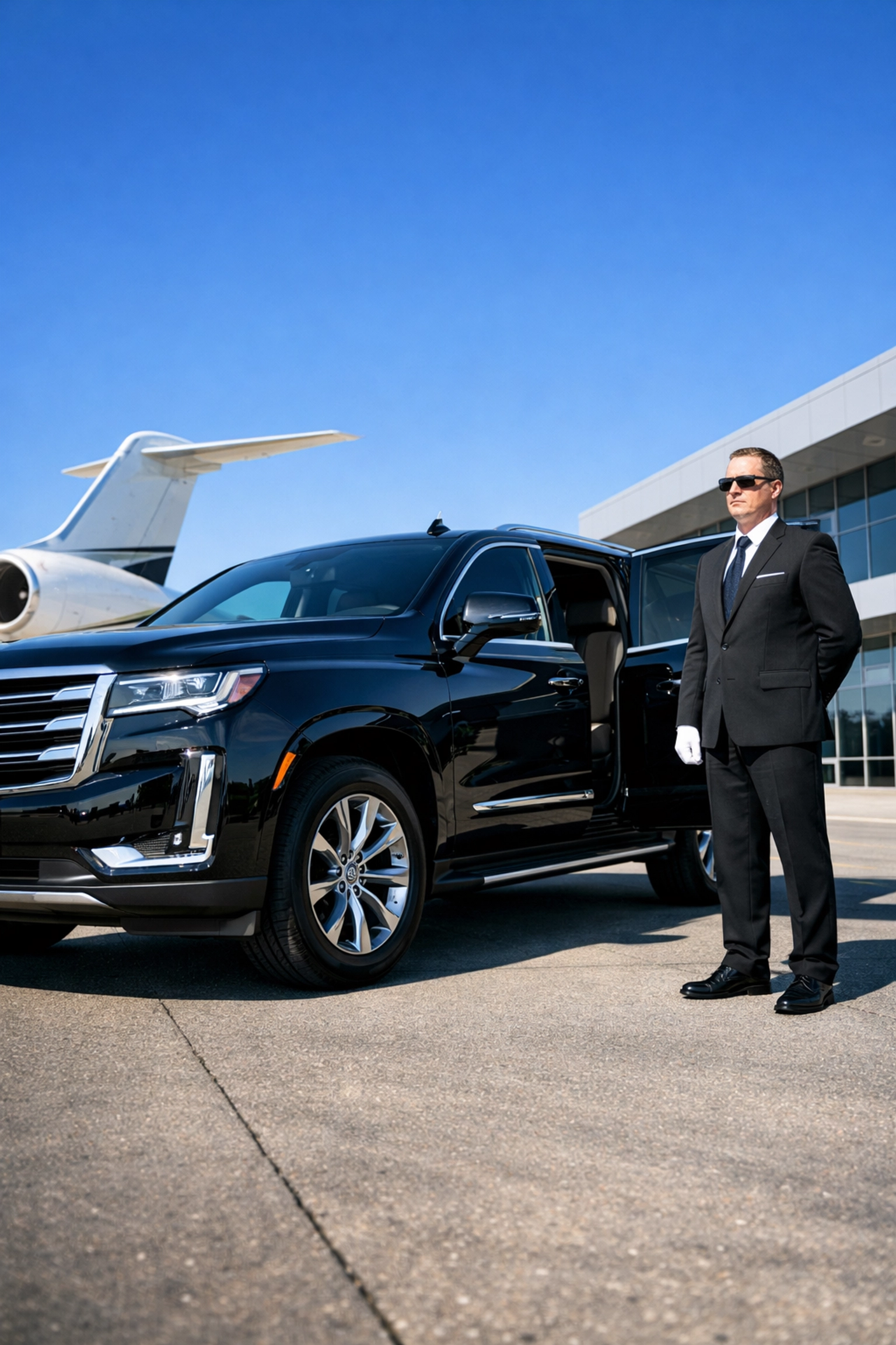 Chauffeur-driven executive SUV at private terminal for Super Bowl corporate travel logistics.