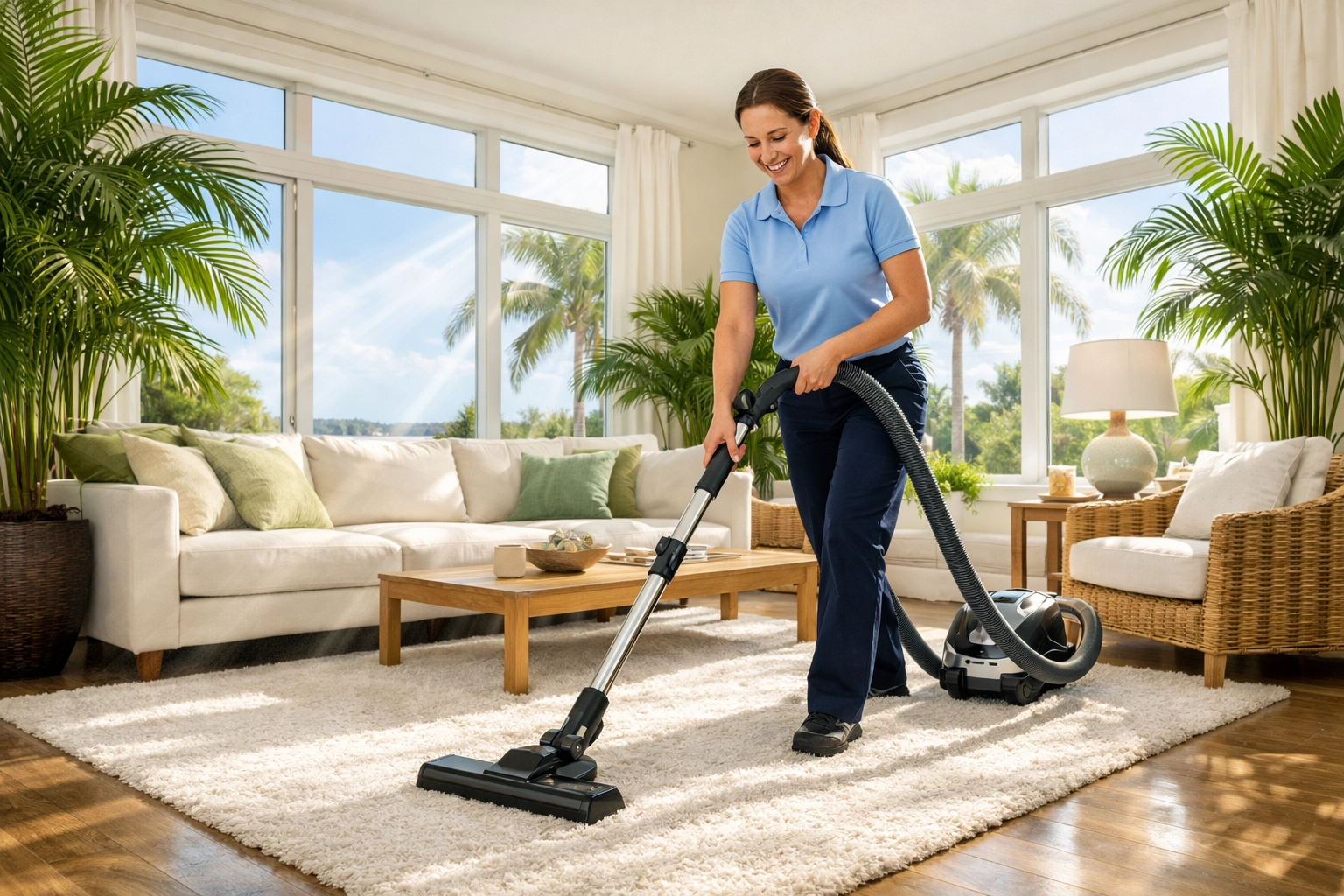 Professional maid service in Tampa FL using a HEPA vacuum for a healthy, dust-free home.