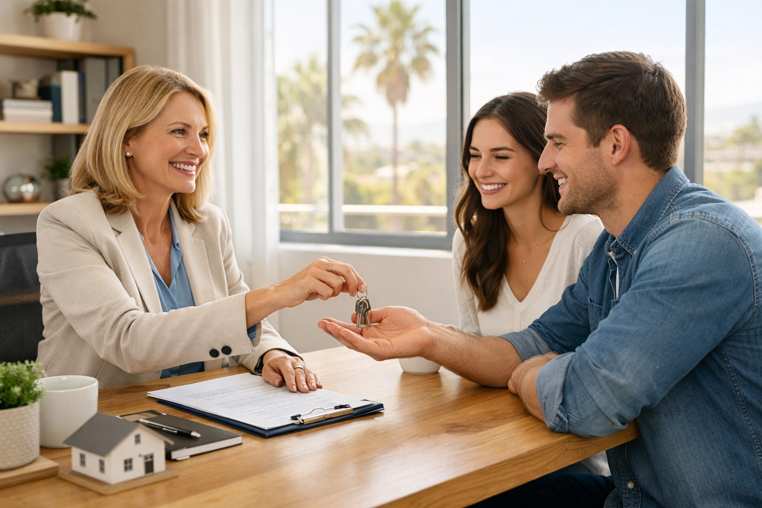 Professional property manager in Orange County handing keys to tenants in a sunlit office.