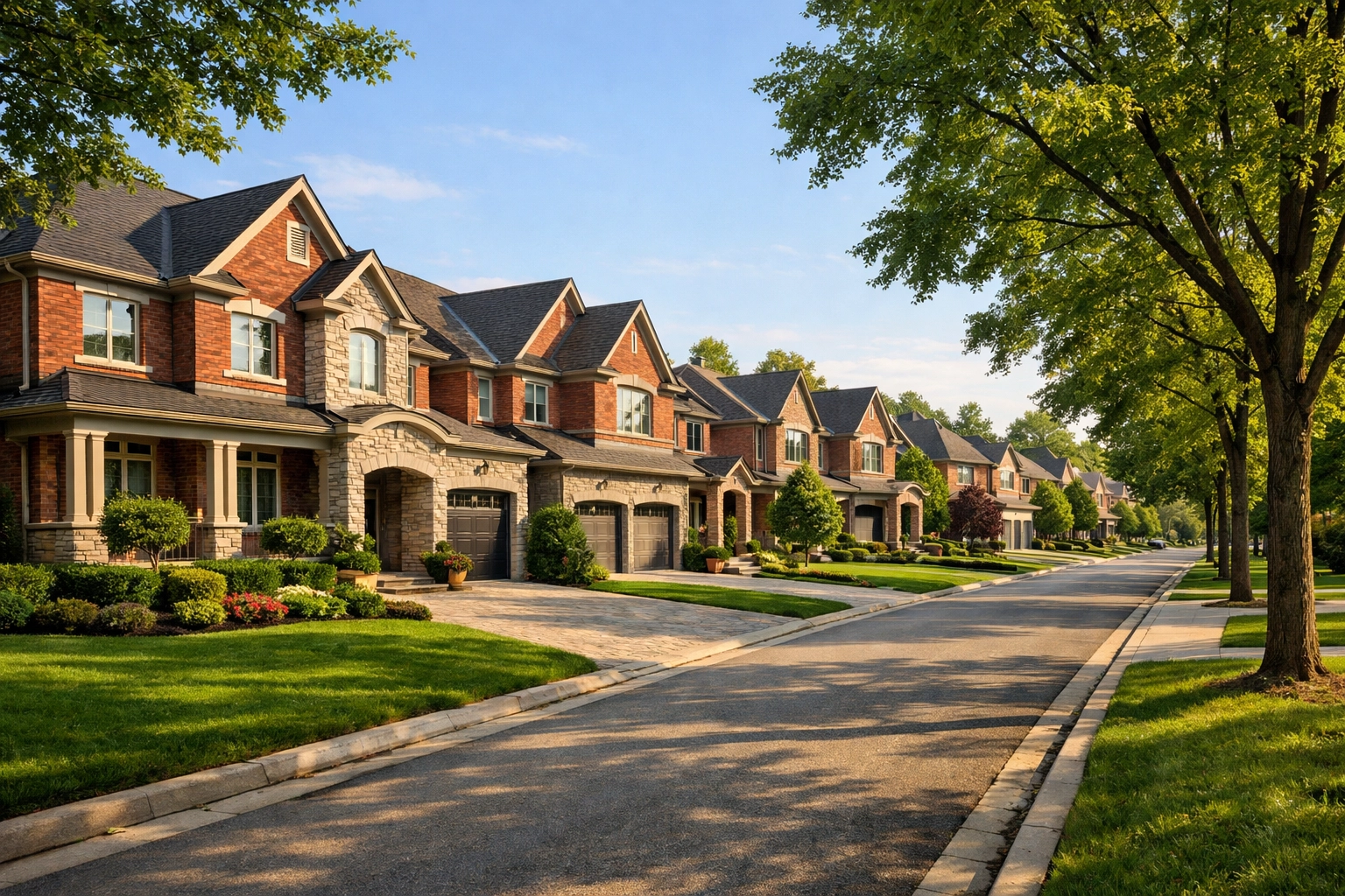Beautiful suburban houses for sale in Newmarket, Ontario, featuring lush lawns and family-friendly streets.