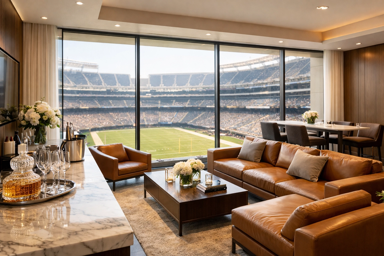 Exclusive Super Bowl hospitality suite overlooking the stadium field for high-level VIP networking.