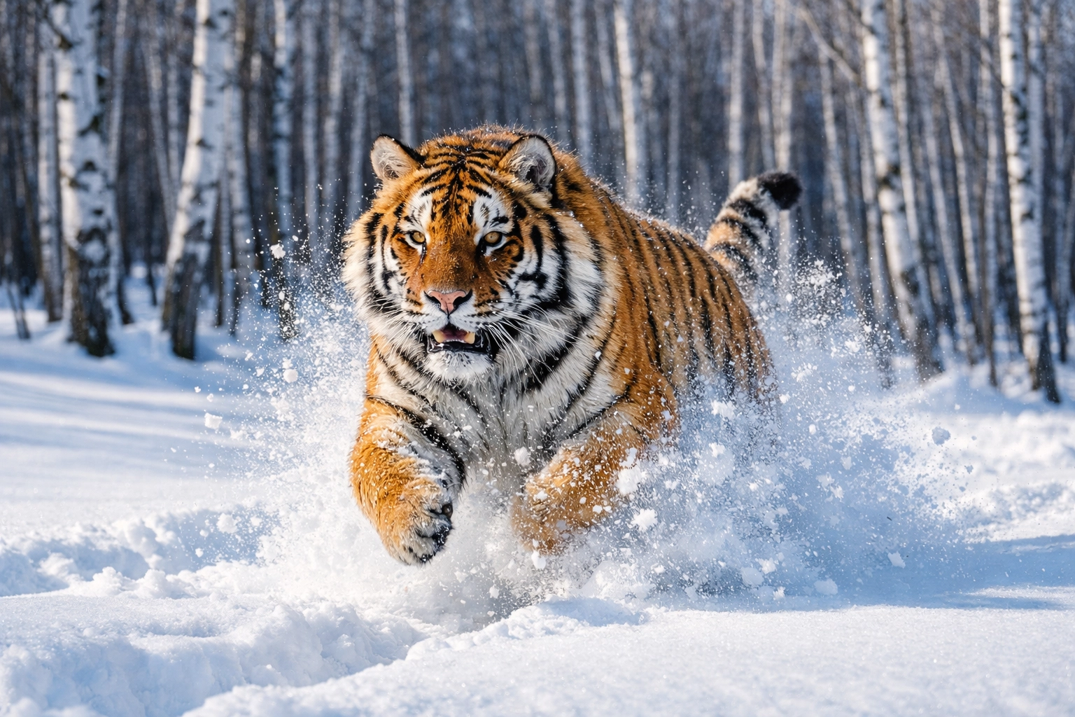 Amur tiger running through deep snow in a winter birch forest showing species adaptation.