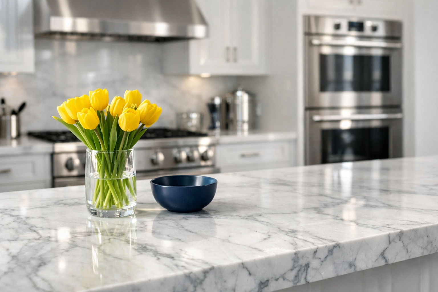 Spotless marble kitchen island illustrating elite residential cleaning Massachusetts services.