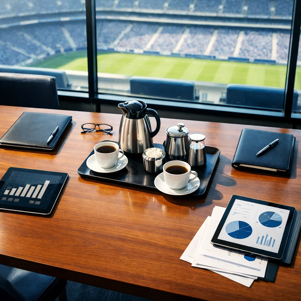 Executive strategy meeting in premium Super Bowl suite overlooking stadium field