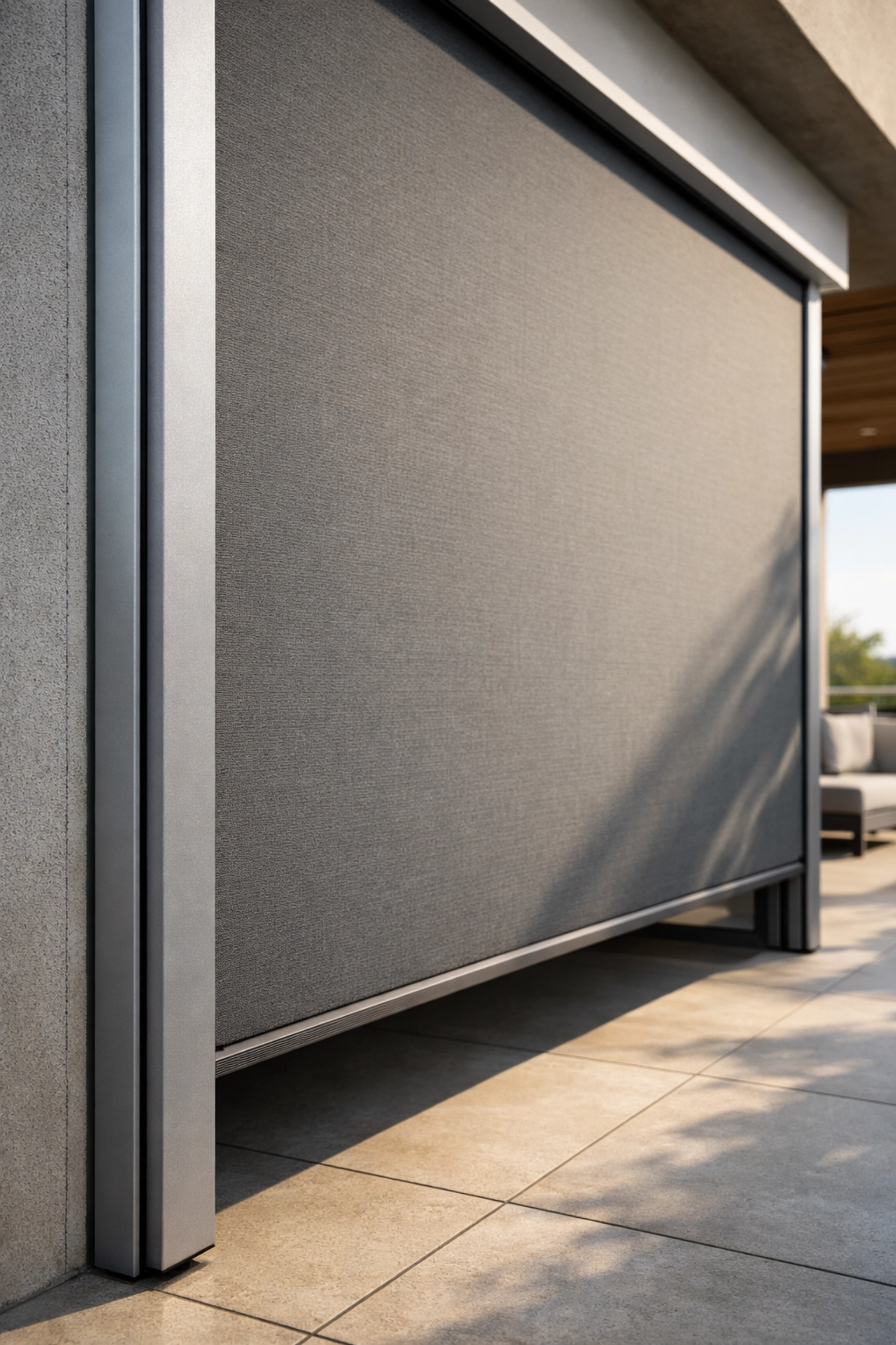 Zip Screen Wien schützt Terrasse vor Westsonne und verhindert Überhitzung der Räume