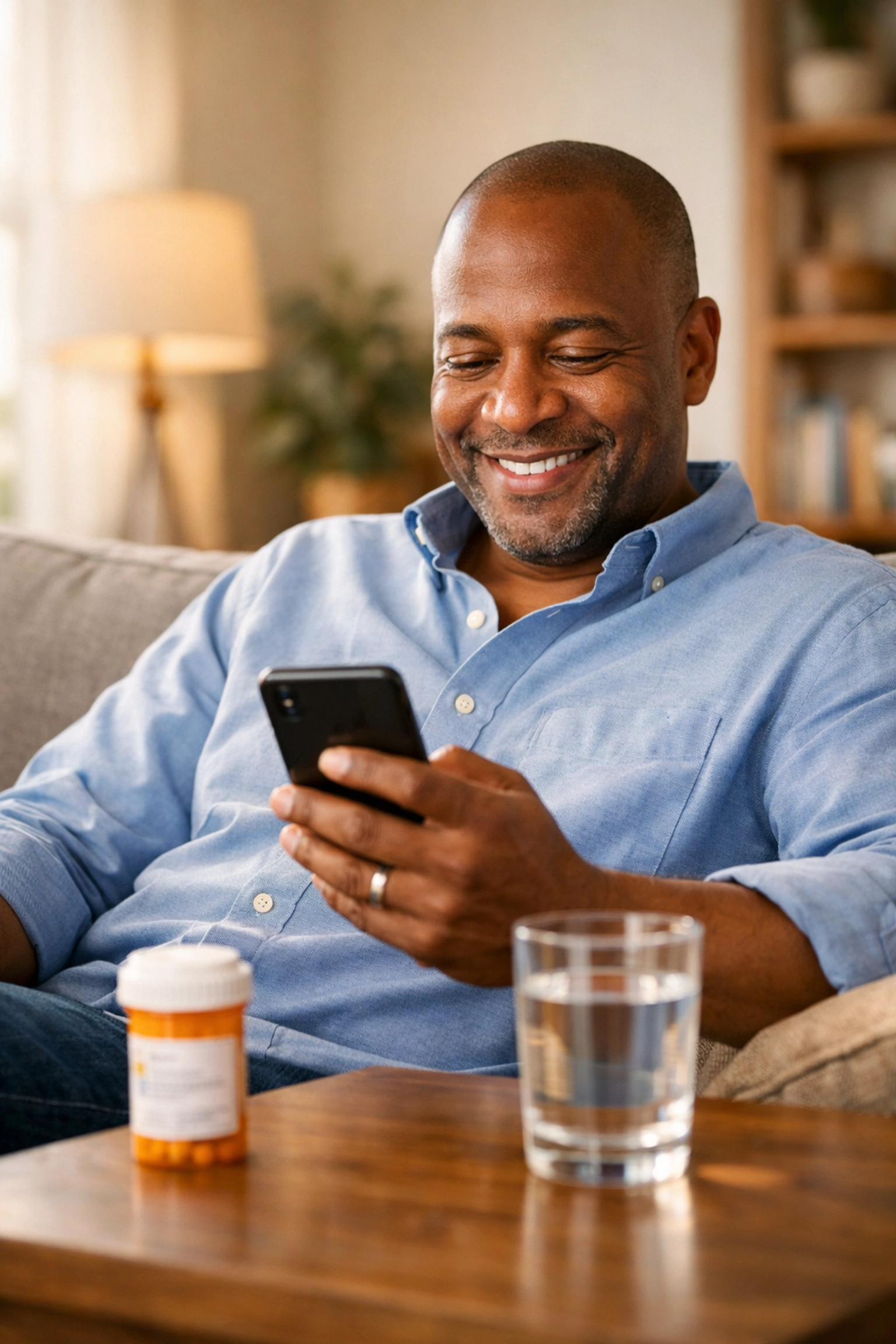 Man receiving online prescription refill consultation for blood pressure medication at home