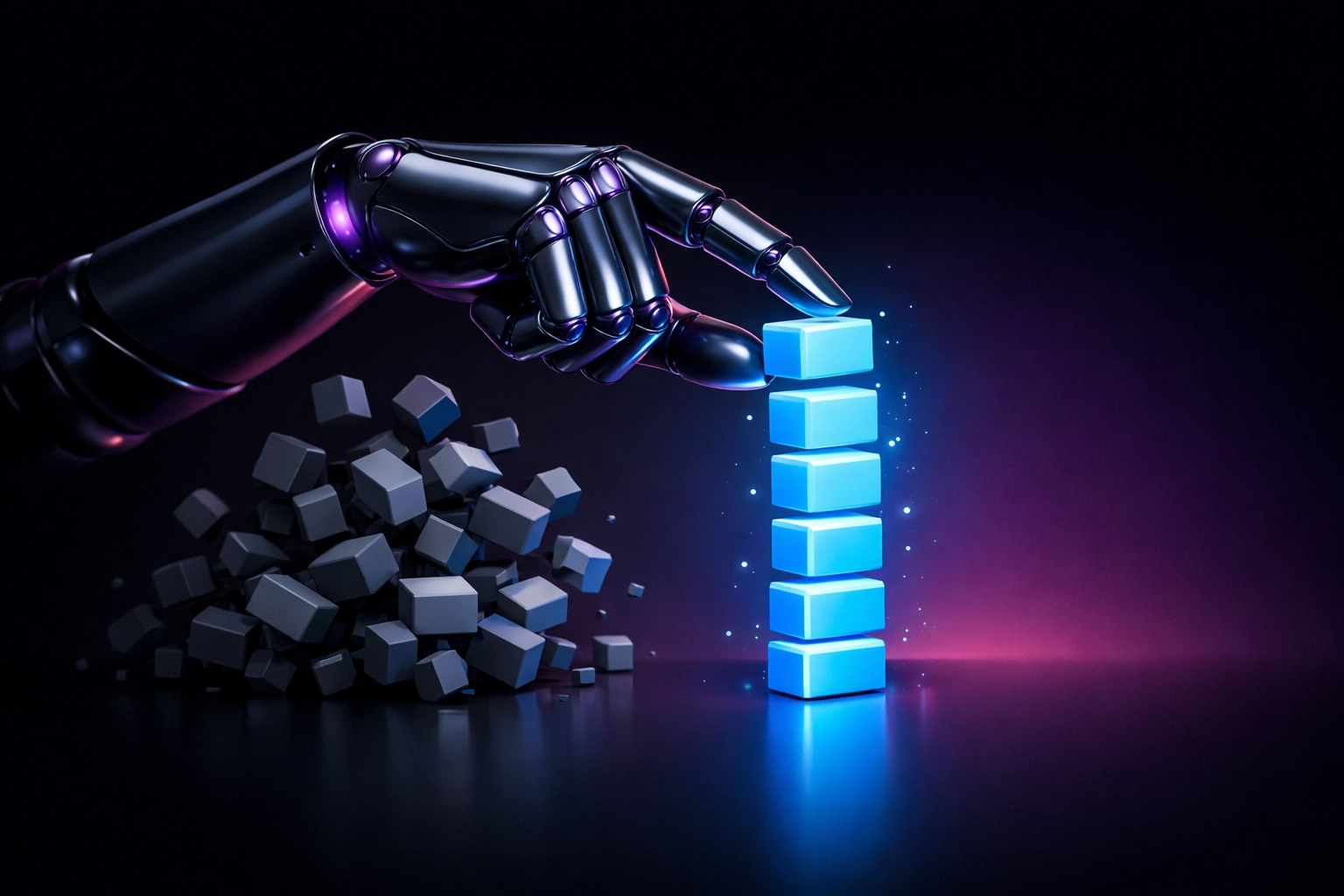 Robotic hand organizing digital data into structured lists for AI content extraction and ranking.