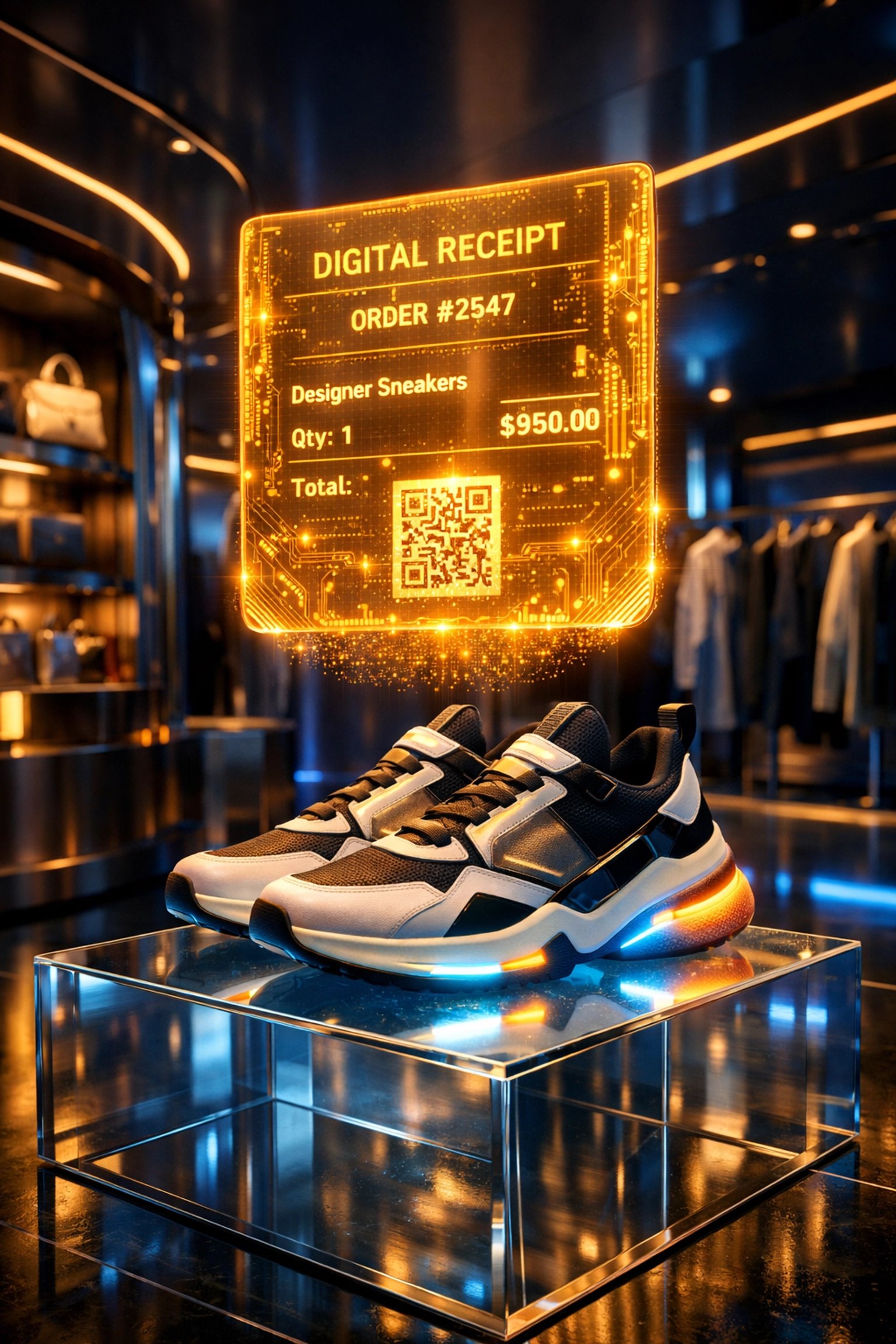 Golden holographic NFT receipt floating above designer sneakers in a luxury Metaverse boutique store.