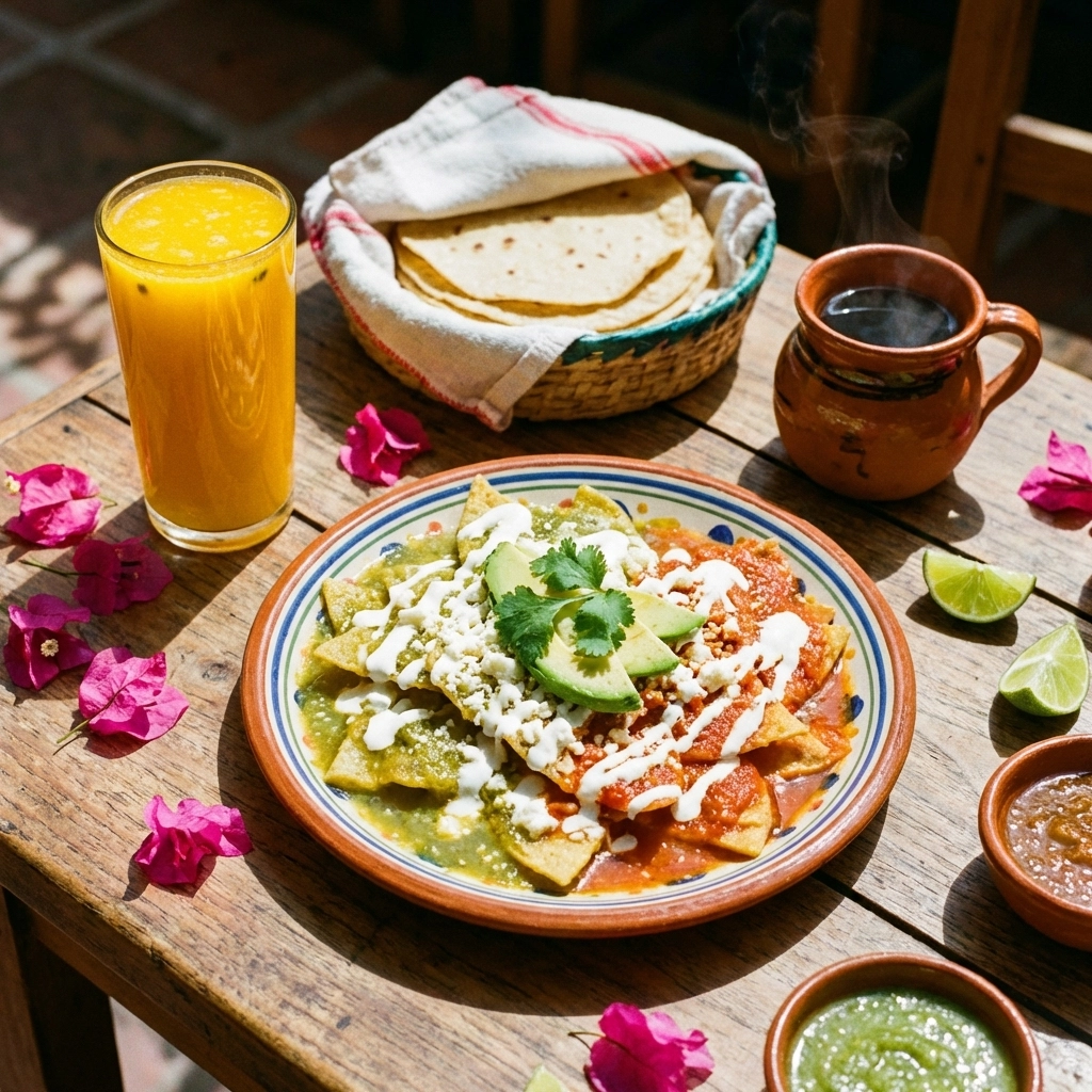 Traditional Mexican brunch in Old Town Puerto Vallarta with chilaquiles, fresh juice, and café de olla