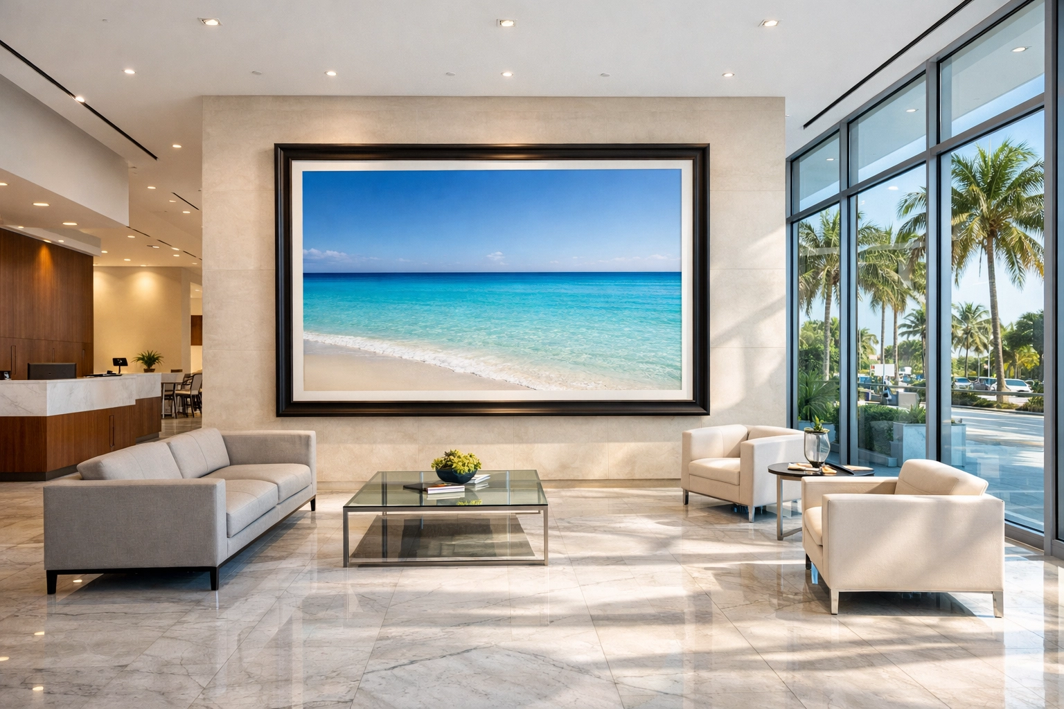 Large fine art photography print displayed in a sun-drenched Miami corporate lobby.