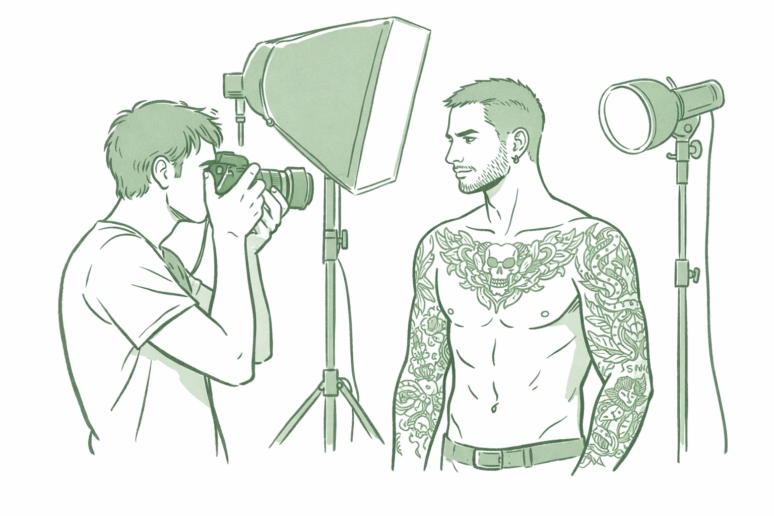 Gay romance photographer capturing heavily tattooed male model in professional studio