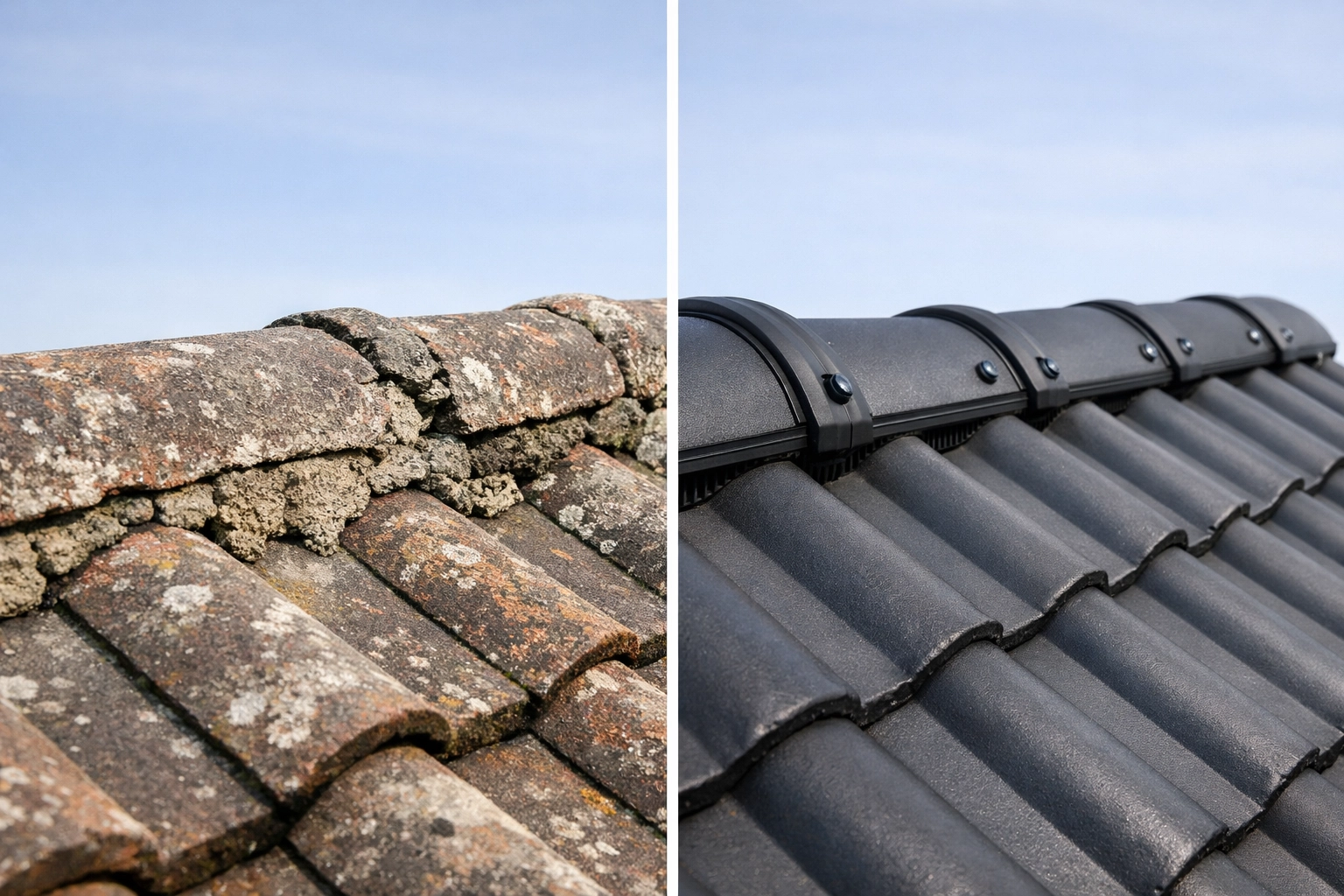Comparison of cracked mortar ridge versus durable dry ridge system on roof